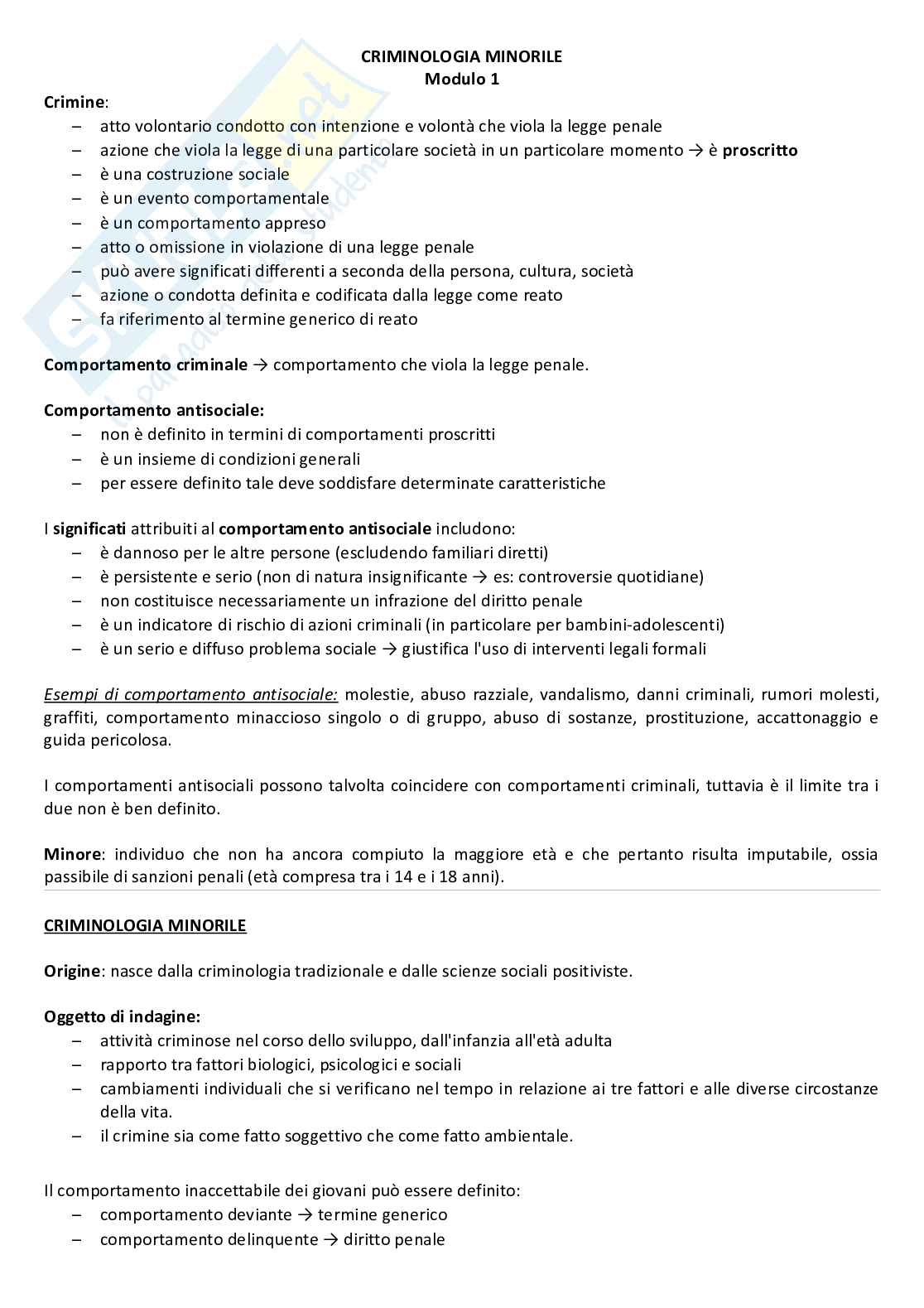 Criminologia minorile - Riassunto Pag. 1