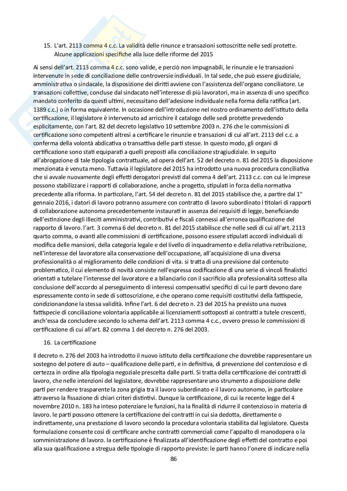 Riassunto esame Diritto del lavoro, Prof. Pascucci Paolo, libro consigliato Diritto del lavoro, Ghera, Garilli, Garofalo Pag. 86