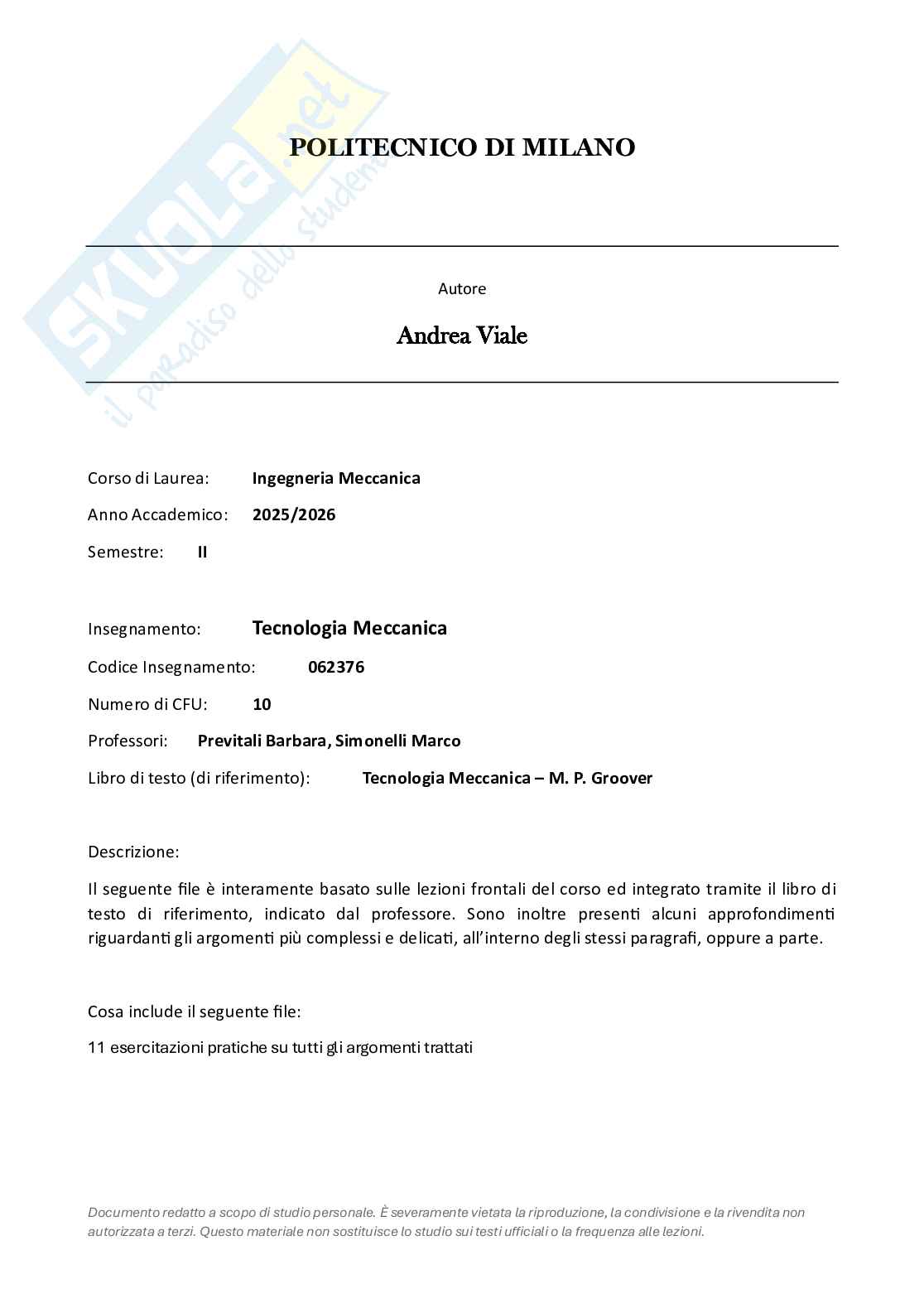 Esercizi svolti e prove d'esame di Tecnologia meccanica  Pag. 1