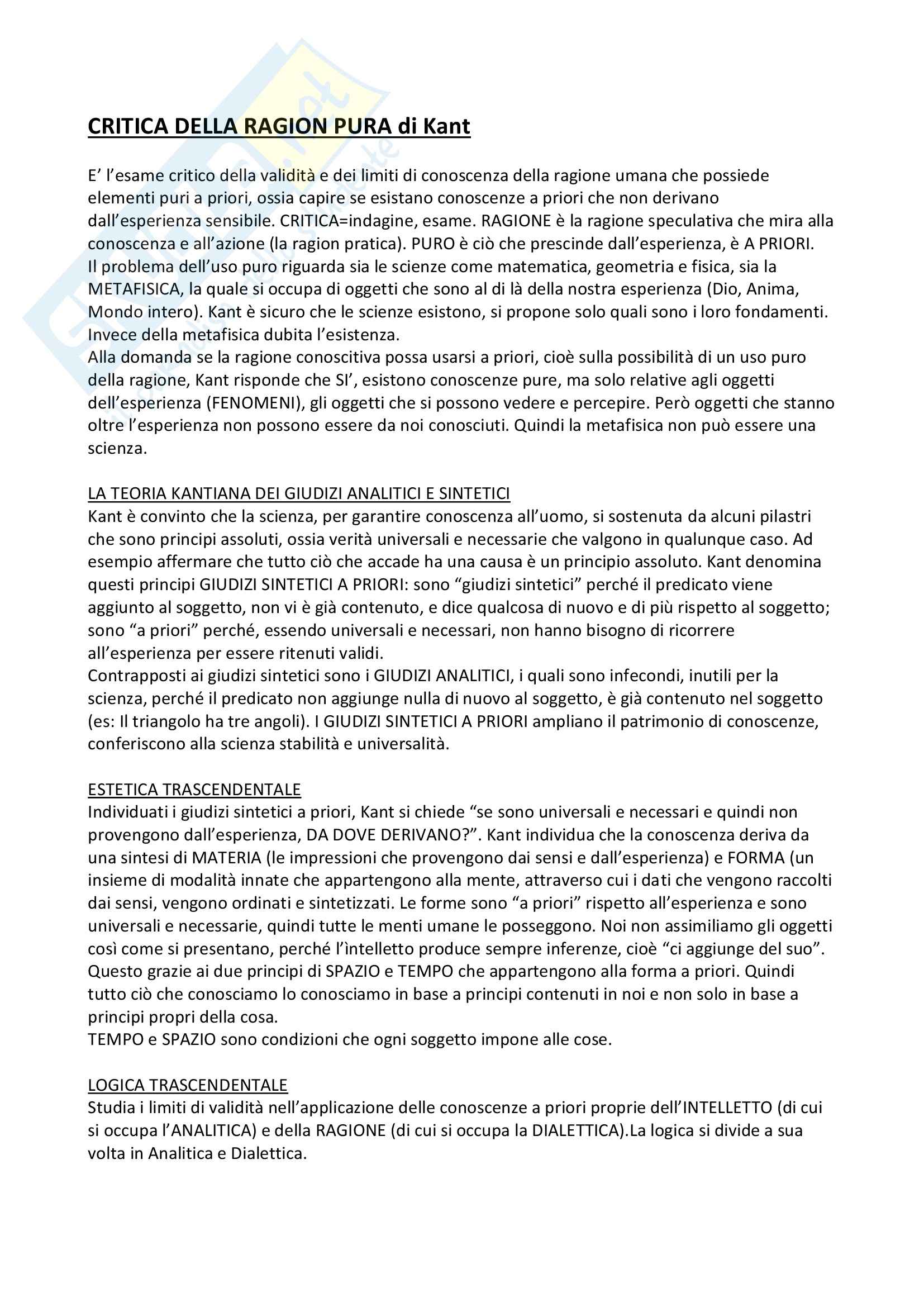 Critica Della Ragion Pura Riassunto