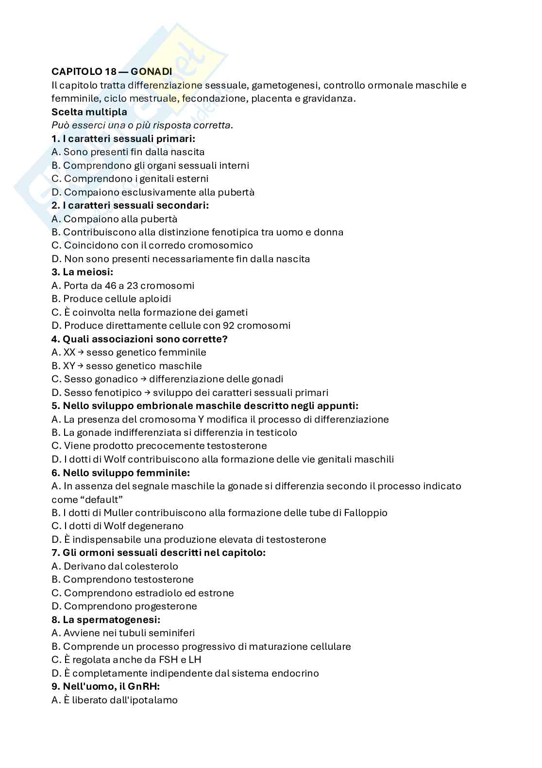 Domande a scelta multipla di Fisiologia umana sulle gonadi  Pag. 1