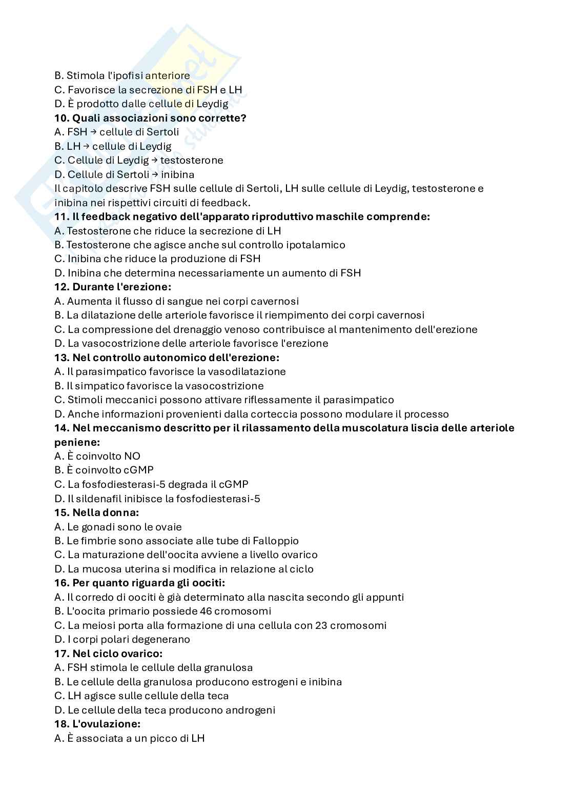 Domande a scelta multipla di Fisiologia umana sulle gonadi  Pag. 2