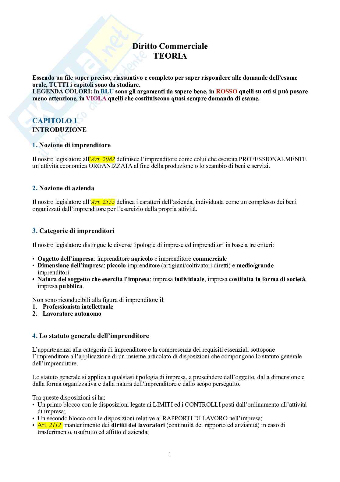 Diritto commerciale – Teoria per l'orale (imprenditore, società, operazioni) Pag. 1