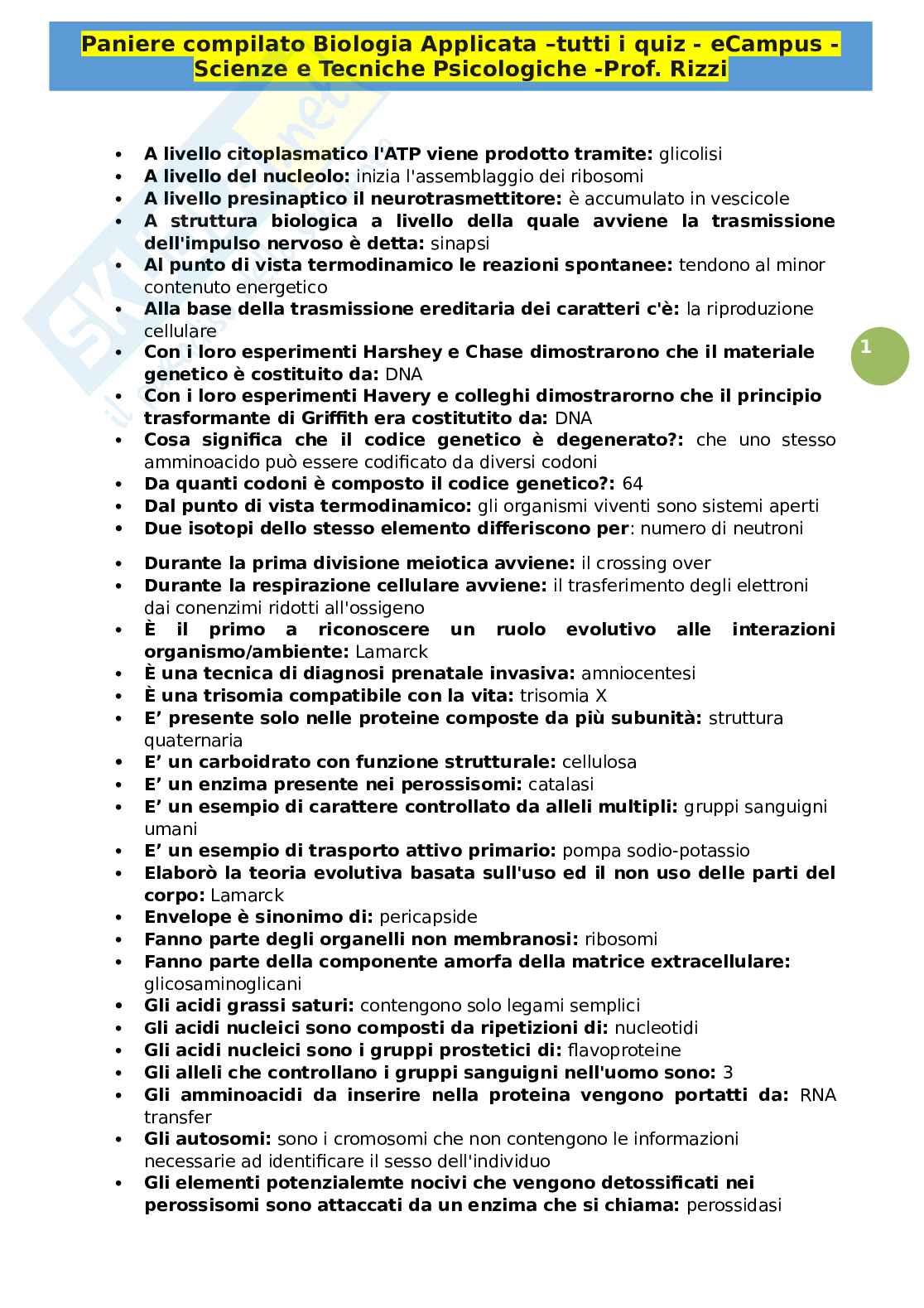 Biologia applicata - quiz compilati in ordine alfabetico Pag. 1