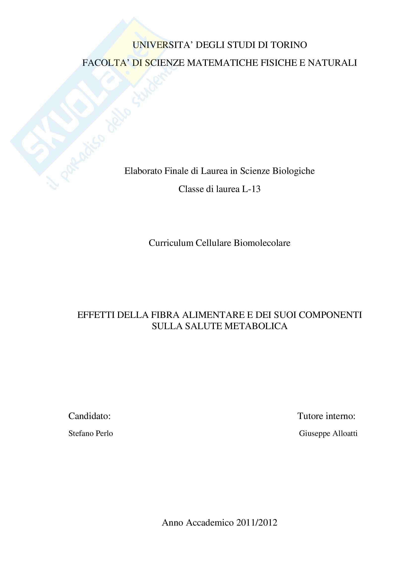 Tesi - Effetti della fibra alimentare e dei suoi componenti sulla salute metabolica Pag. 1