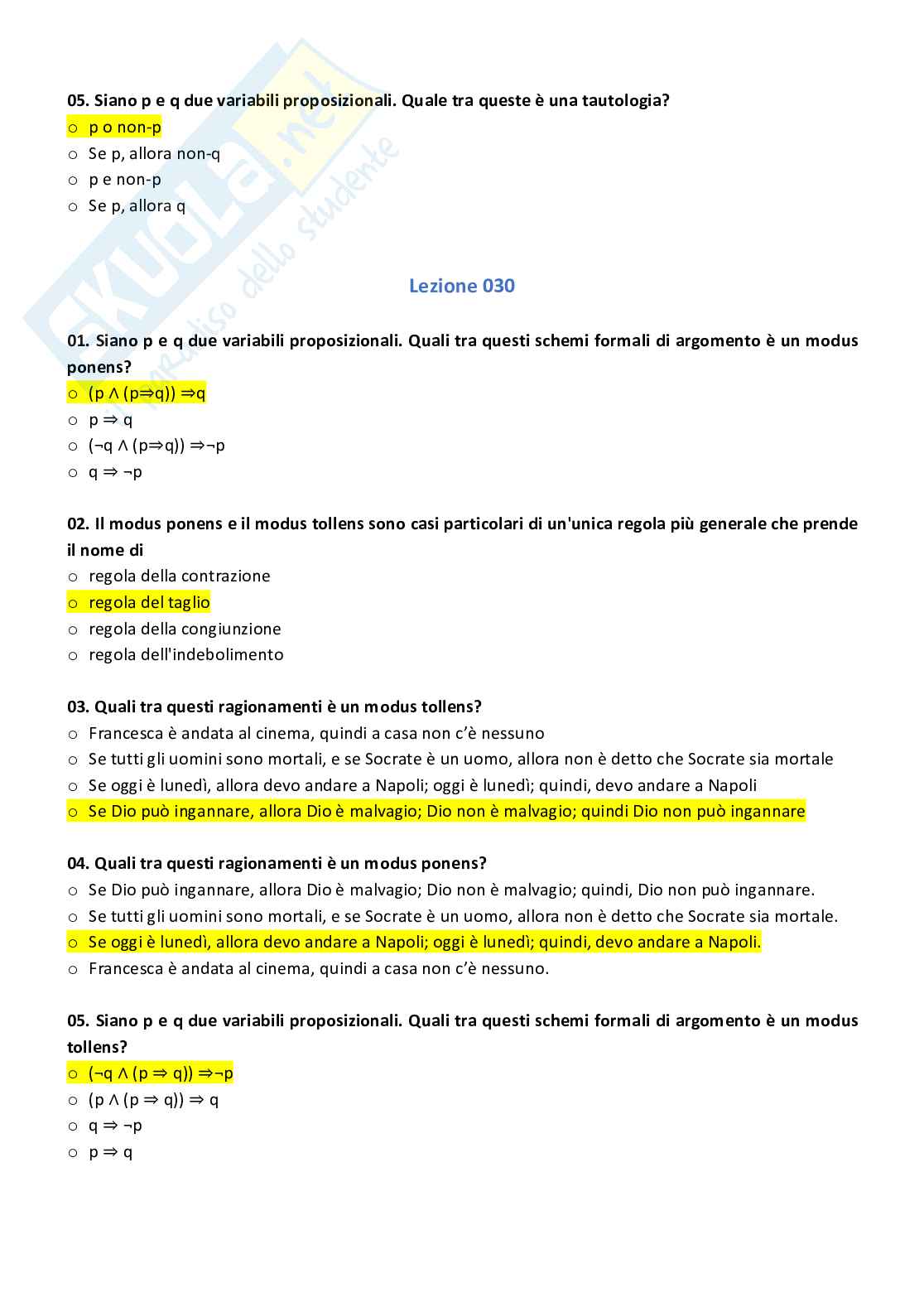 Paniere con risposte chiuse di logica e filosofia della scienza Pag. 26