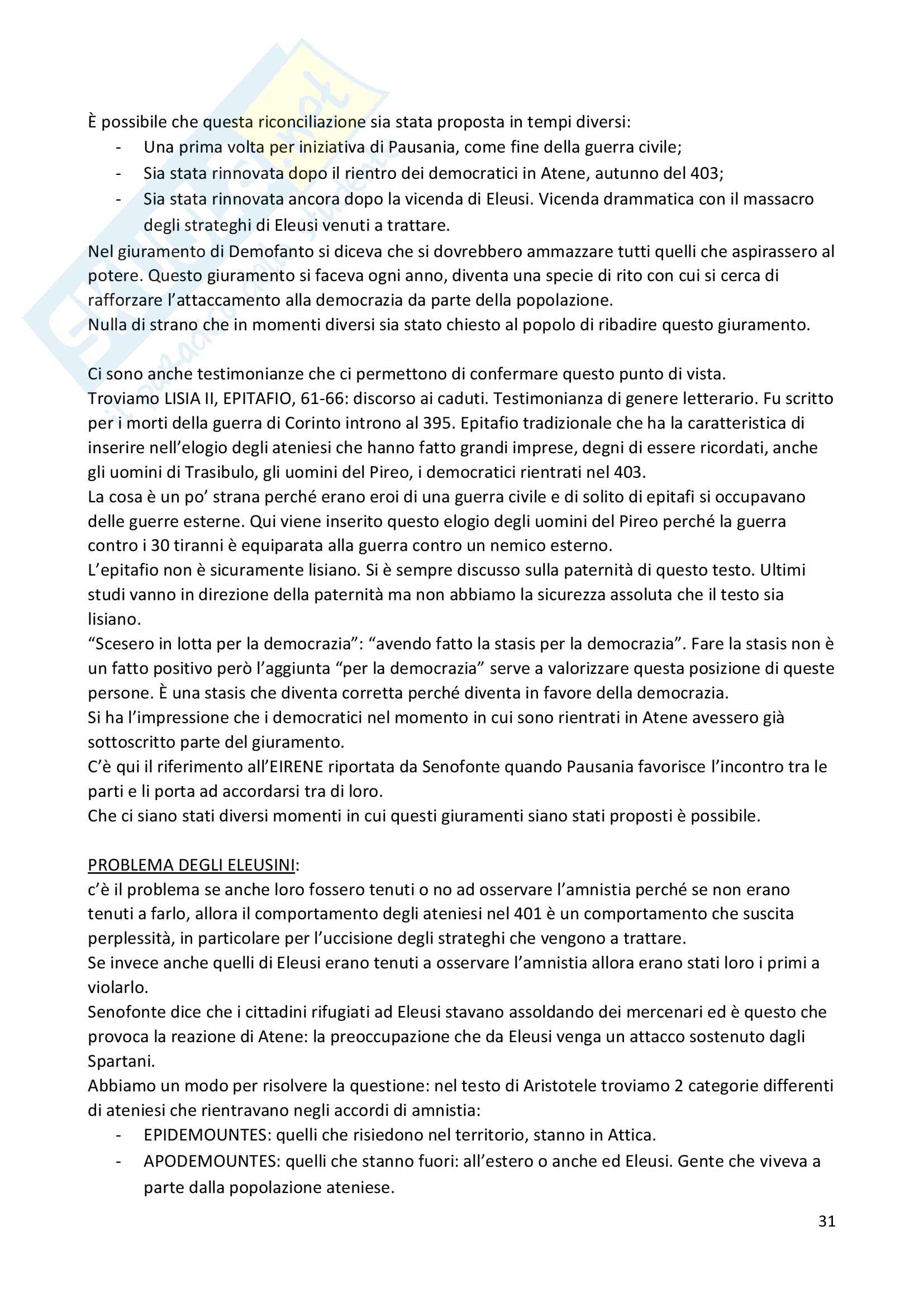 Storia greca parte monografica della prof.ssa Bearzot: L'amnistia del 403 Pag. 31