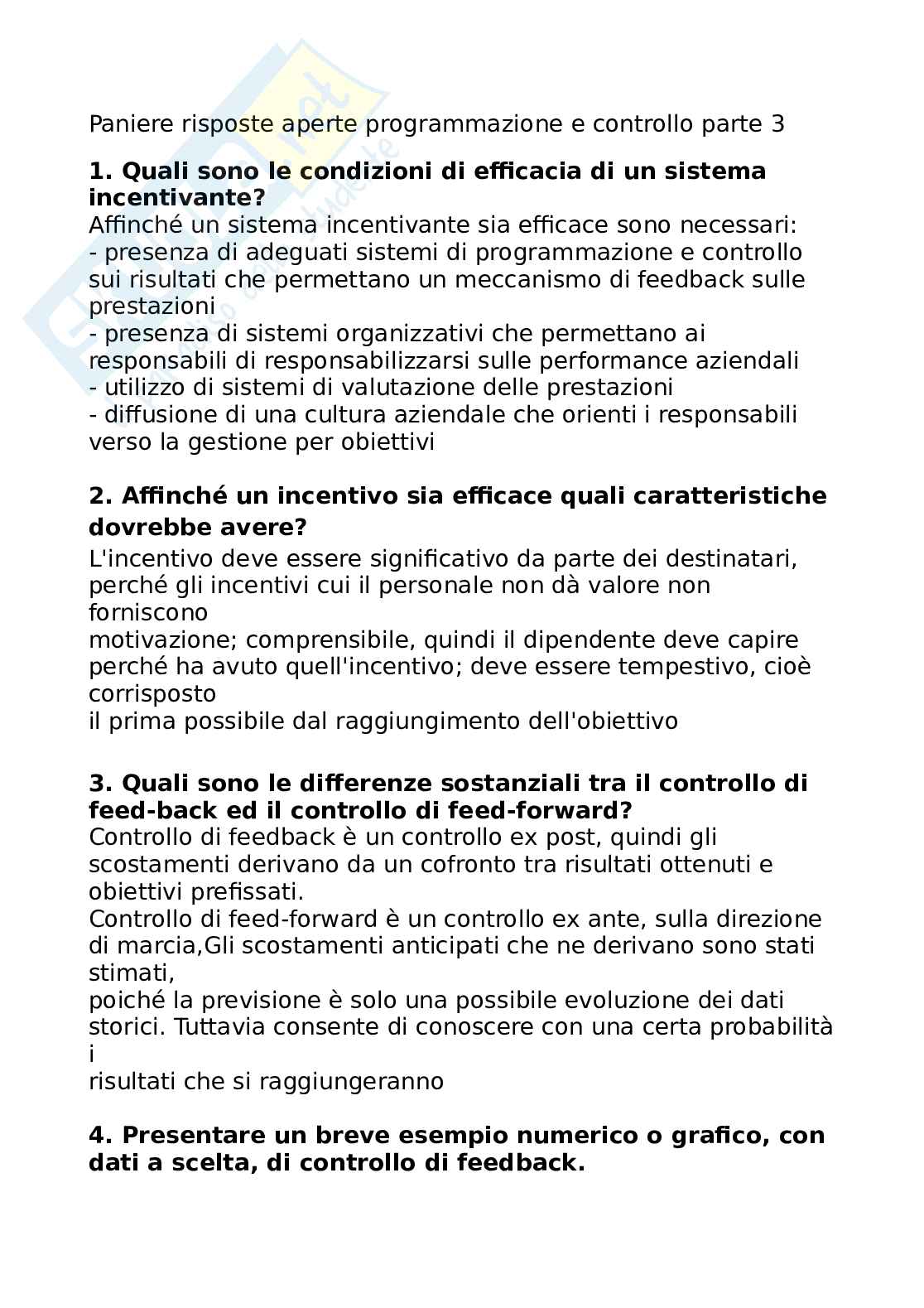 Paniere Programmazione e controllo - risposte aperte 3 parte da lezione 16 a 23 Pag. 1