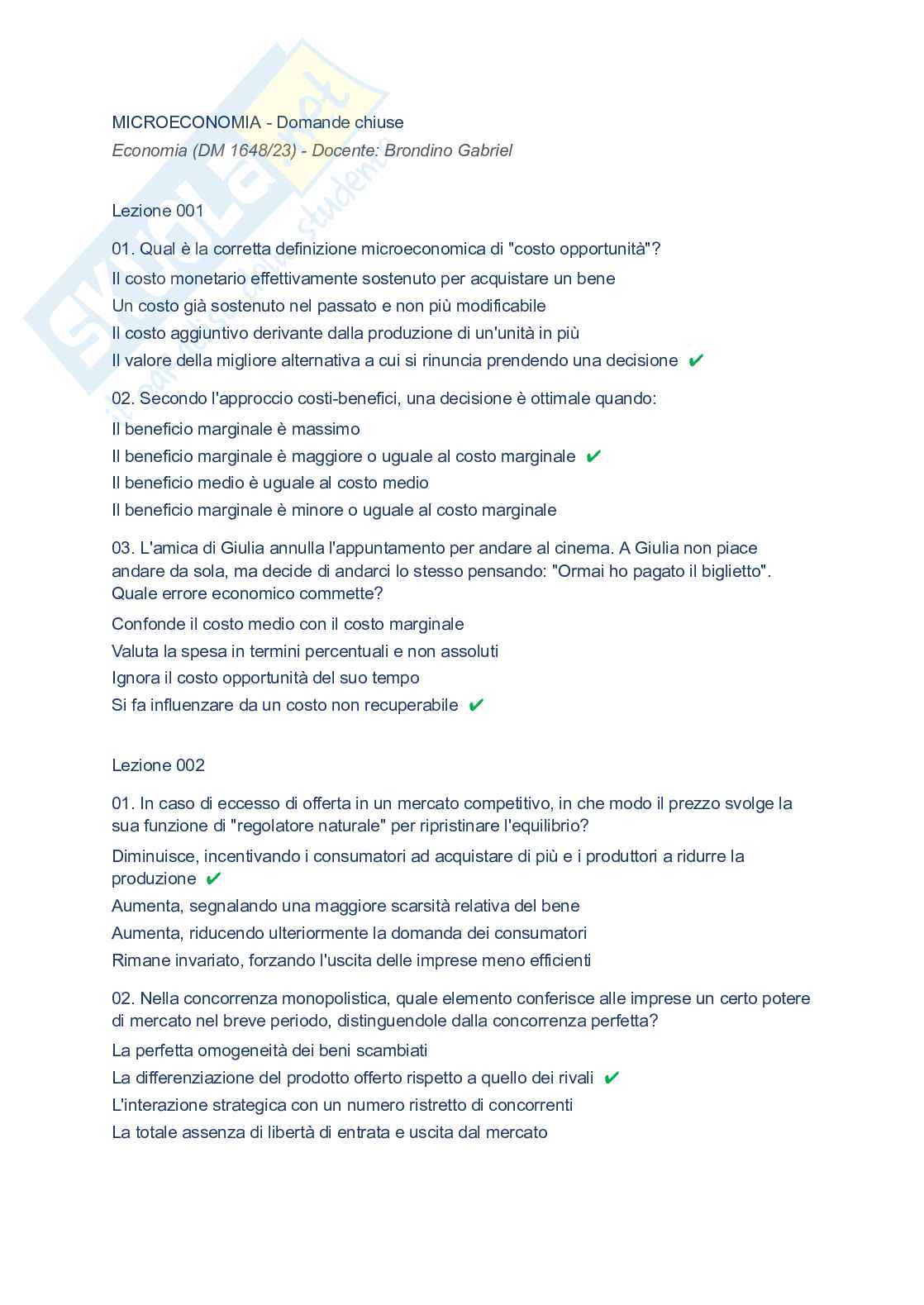 Paniere completo Microeconomia, 2026 Pag. 1