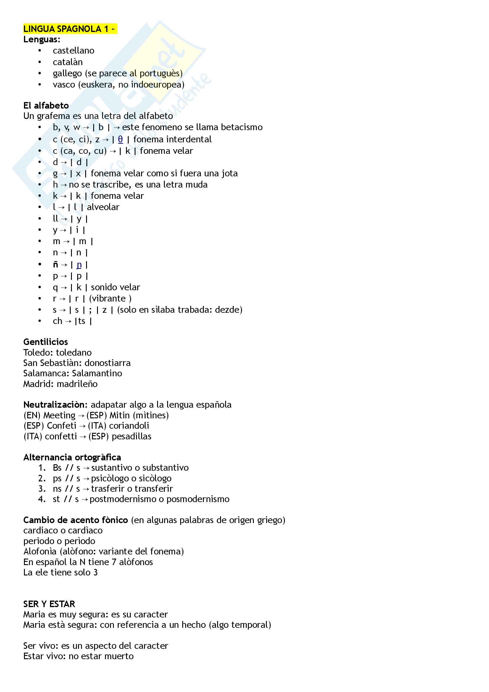 Appunti di lingua spagnola 1 - Fonètica, formas verbales, lenguaje de los jovenes, fraseologìa, lèxico Pag. 1