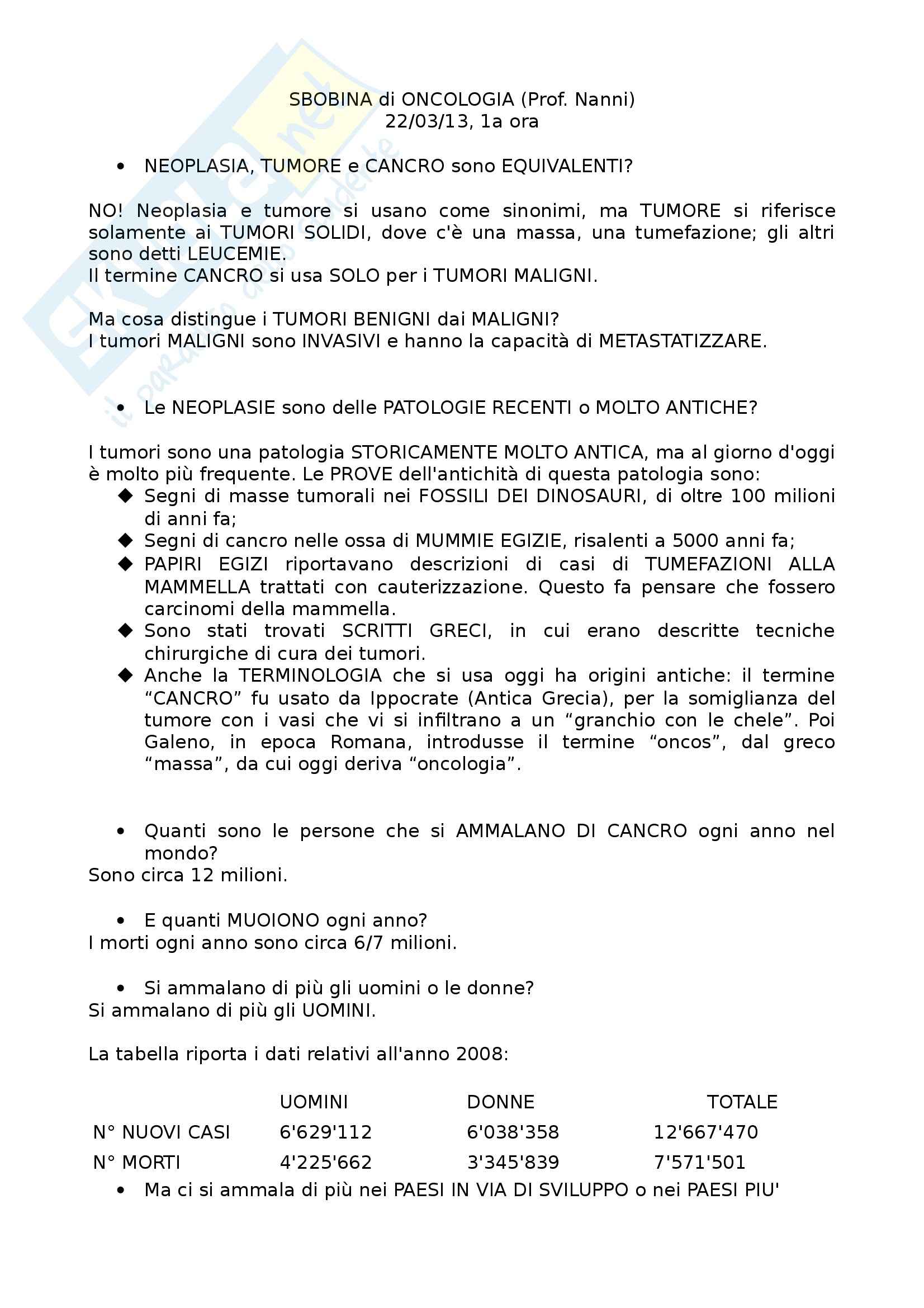 Patologia molecolare - Neoplasia, tumore e cancro Pag. 1