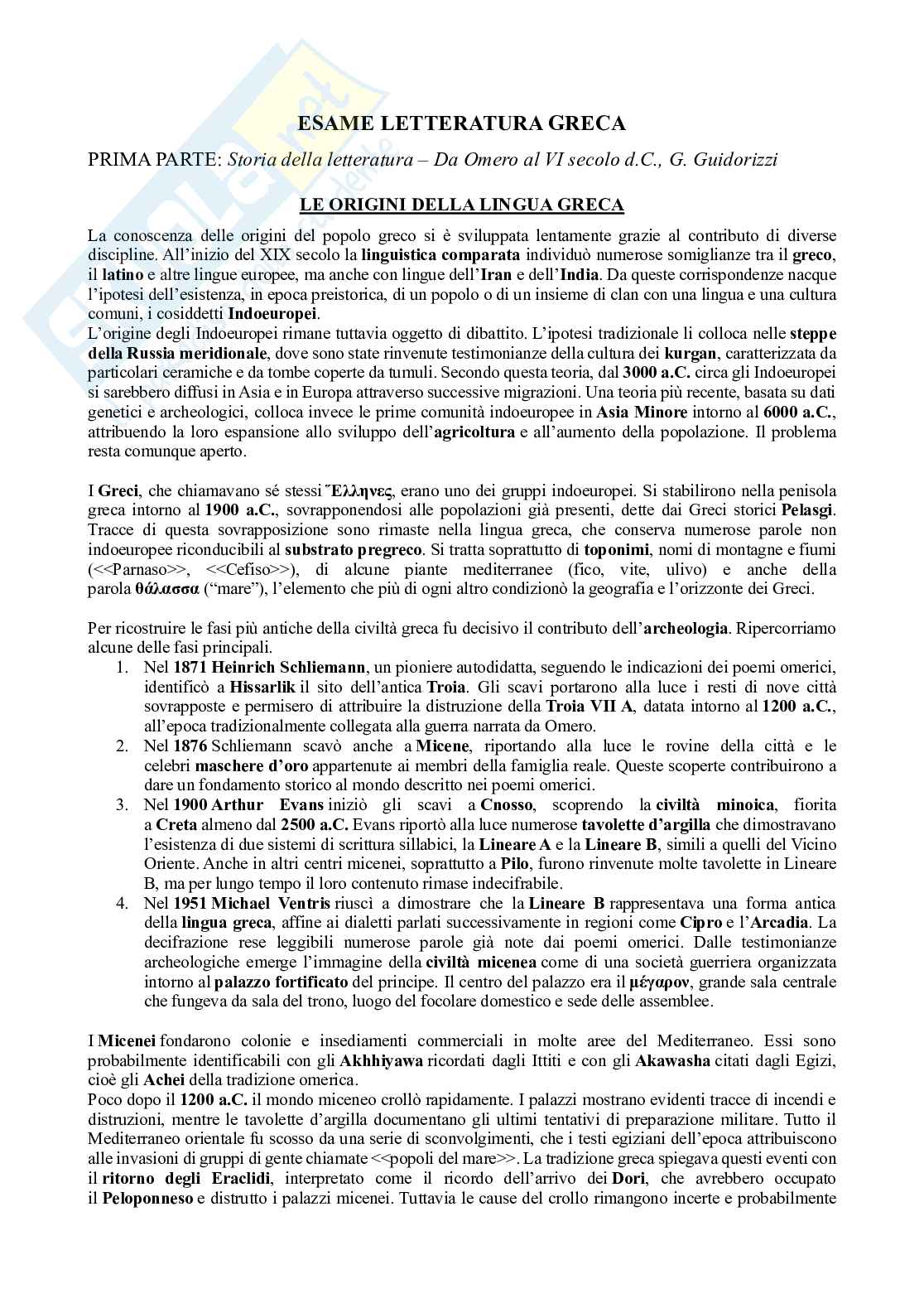 Riassunto esame Letteratura greca, Prof. Catenacci Carmine, libro consigliato Letteratura greca. Da Omero al secolo VI d.C., Guidorizzi Pag. 1