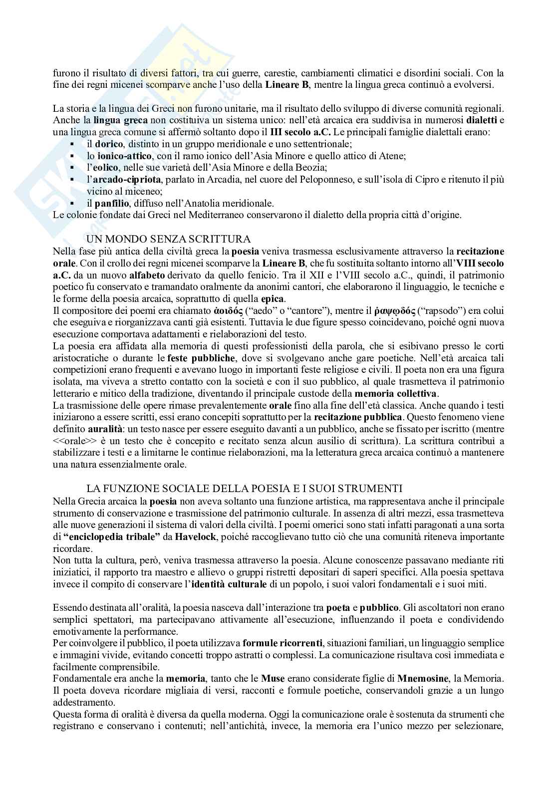 Riassunto esame Letteratura greca, Prof. Catenacci Carmine, libro consigliato Letteratura greca. Da Omero al secolo VI d.C., Guidorizzi Pag. 2