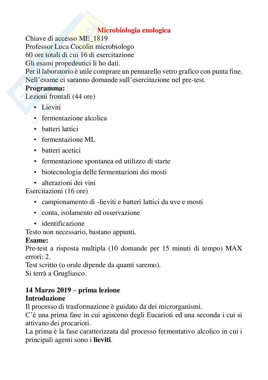 Microbiologia enologica - Appunti COMPLETI di microbiologia enologica presi al computer durante le lezioni in presenza - 60 pagine Pag. 1