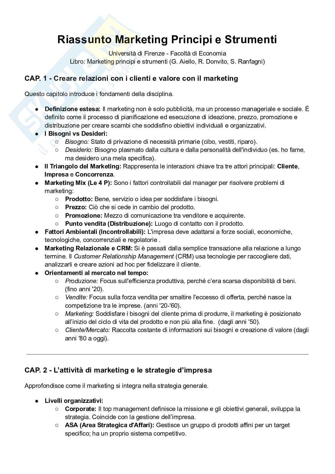 Riassunto esame Marketing, principi e strumenti, Prof. Donvito Raffaele, libro consigliato Marketing, principi e strumenti, Aiello, Donvito, Ranfagni Pag. 1