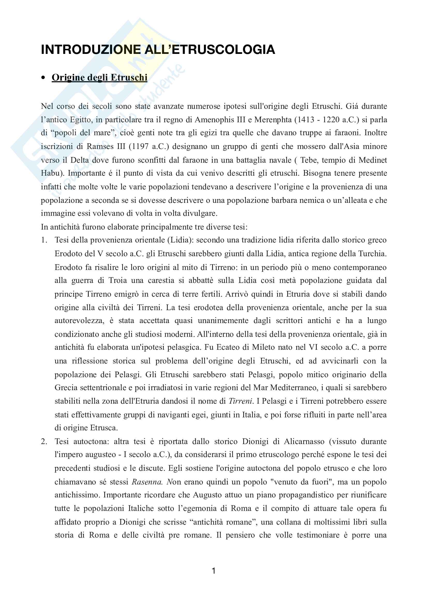 Riassunto materiale - Etruscologia e Antichità Italiche Pag. 1