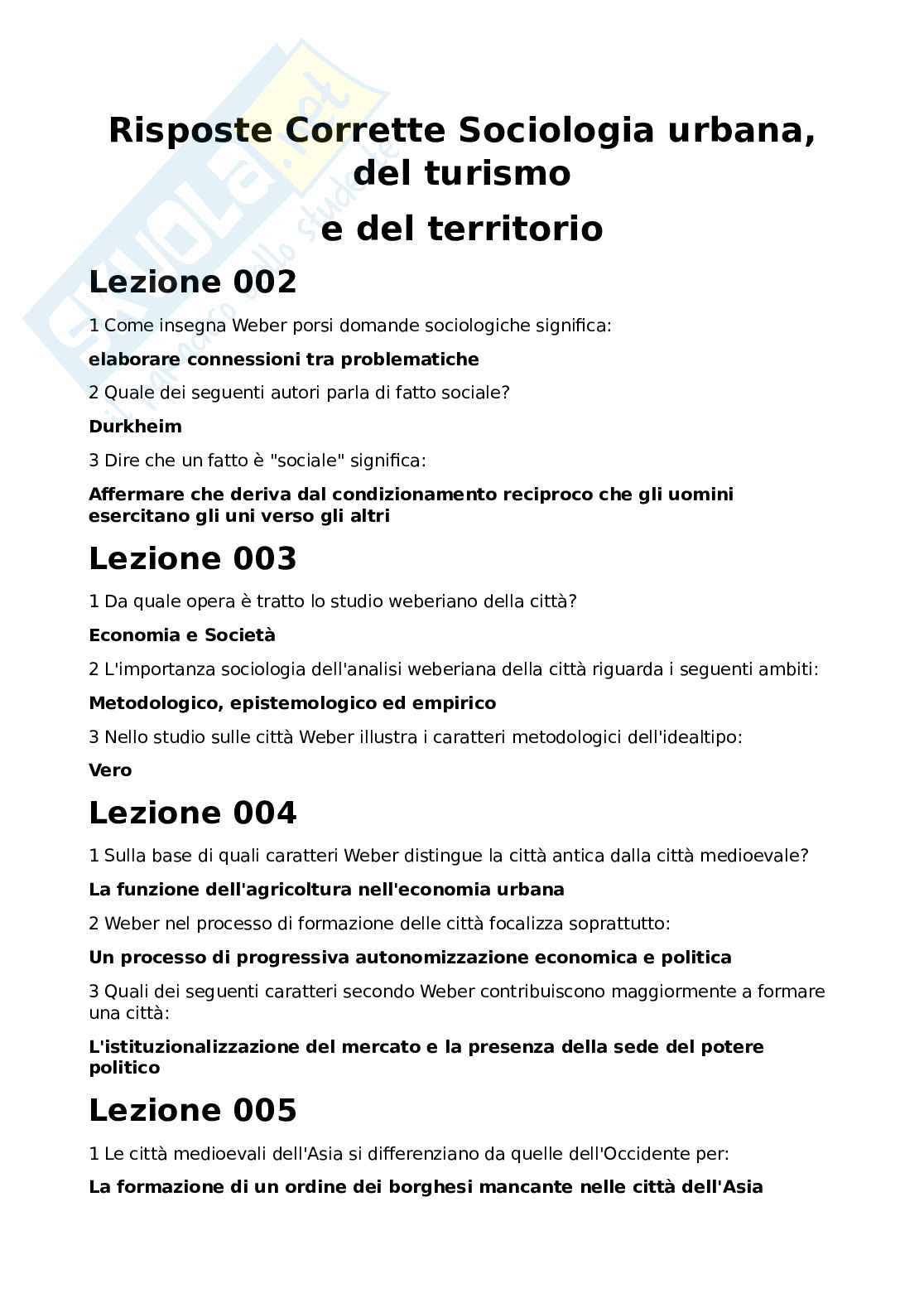 Sociologia urbana, del turismo e del territorio. Paniere svolto completo di domande a risposta multipla di, Panieri di Scienze Della Comunicazione. Prof. Fiorella Vinci Pag. 1