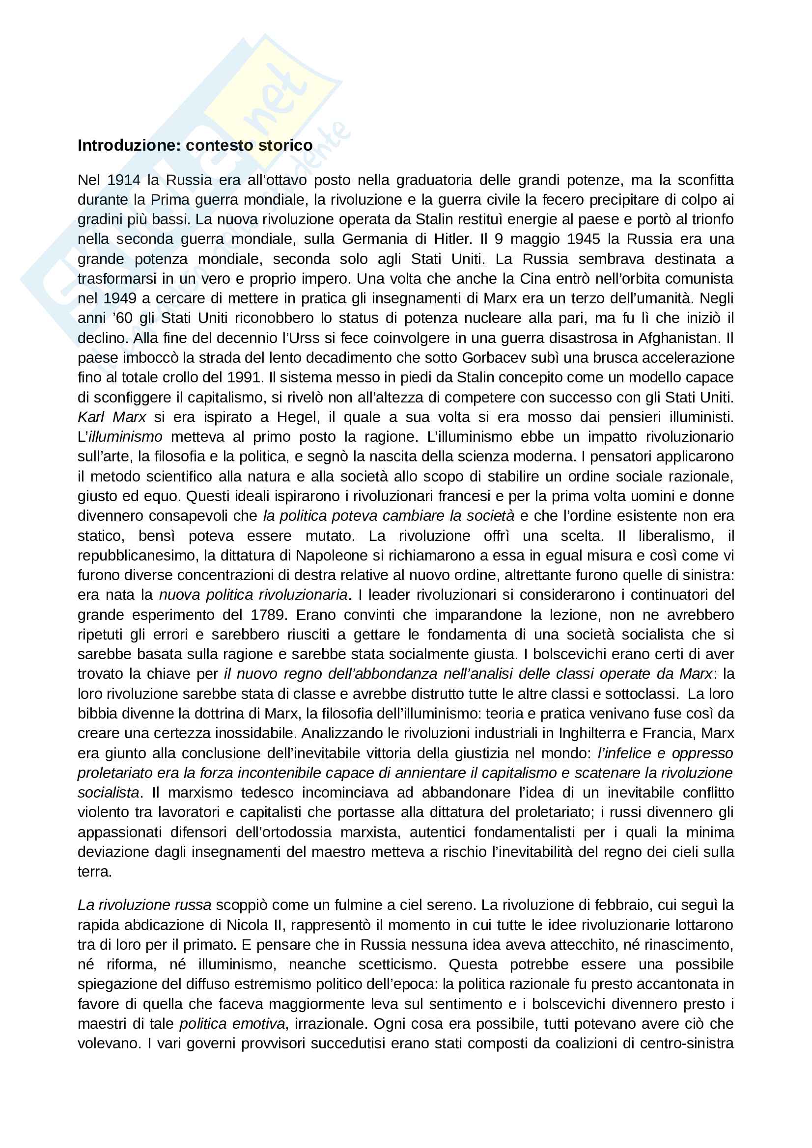 Riassunto esame Storia contemporanea, prof. Papadia, libro consigliato Stalin e lo stalinismo, McCauley Pag. 1