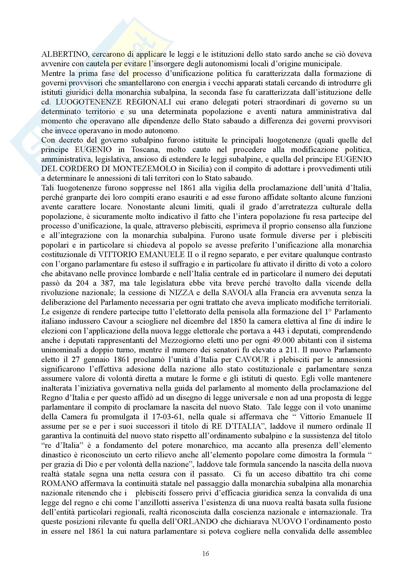Diritto costituzionale - regime parlamentare nella monarchia subalpina Pag. 16