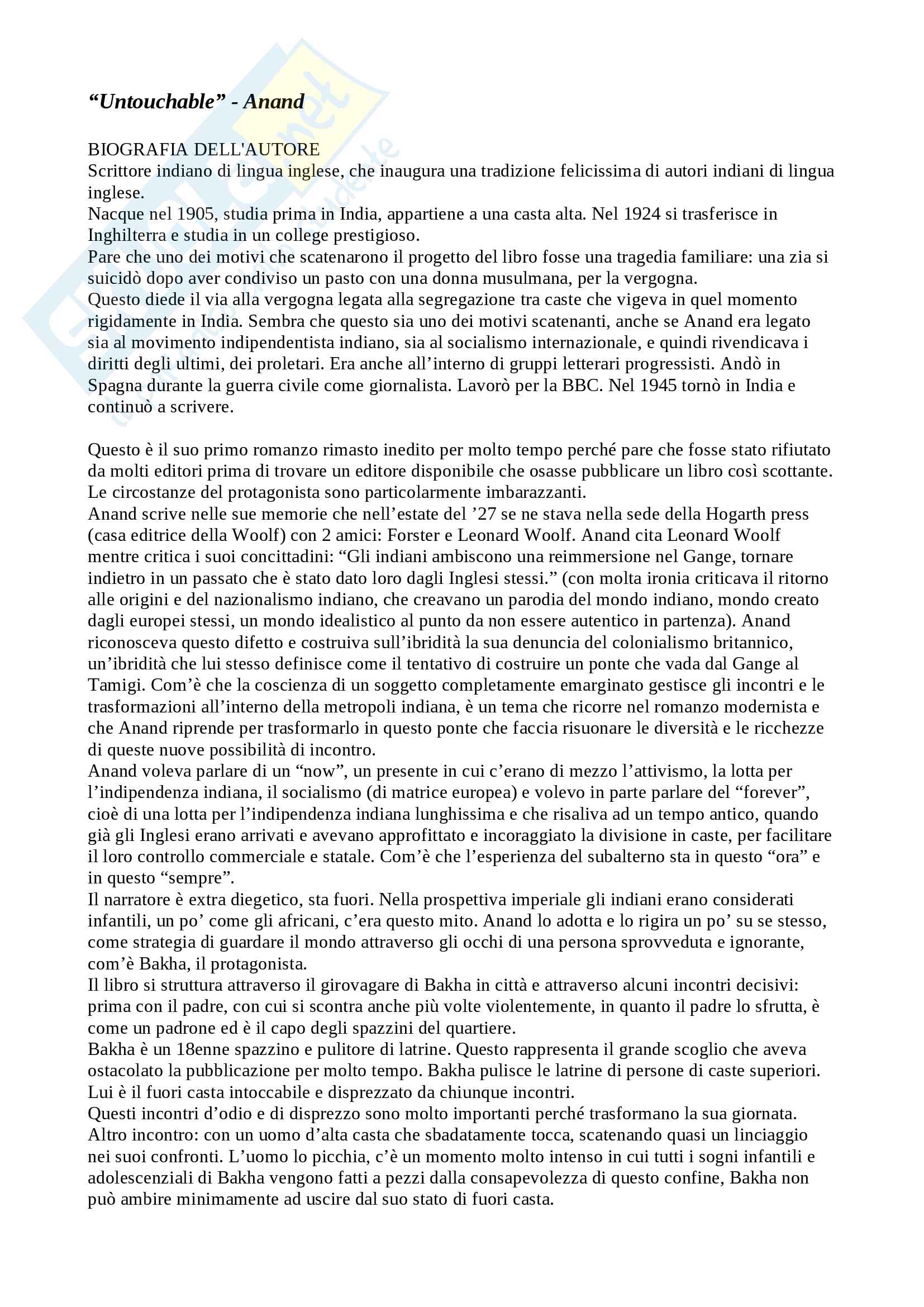 Riassunto esame letteratura, prof. Morresi. Libro consigliato Untouchable, Anand Pag. 1