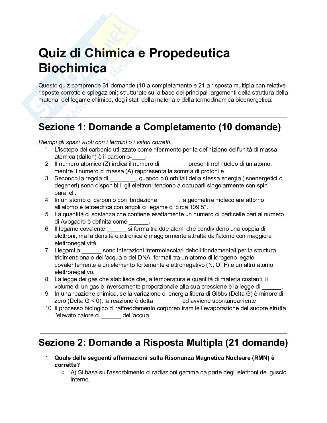 200+ Quiz Chimica e propedeutica biochimica svolti e commentati - Semestre Filtro 2026/2027 Pag. 1