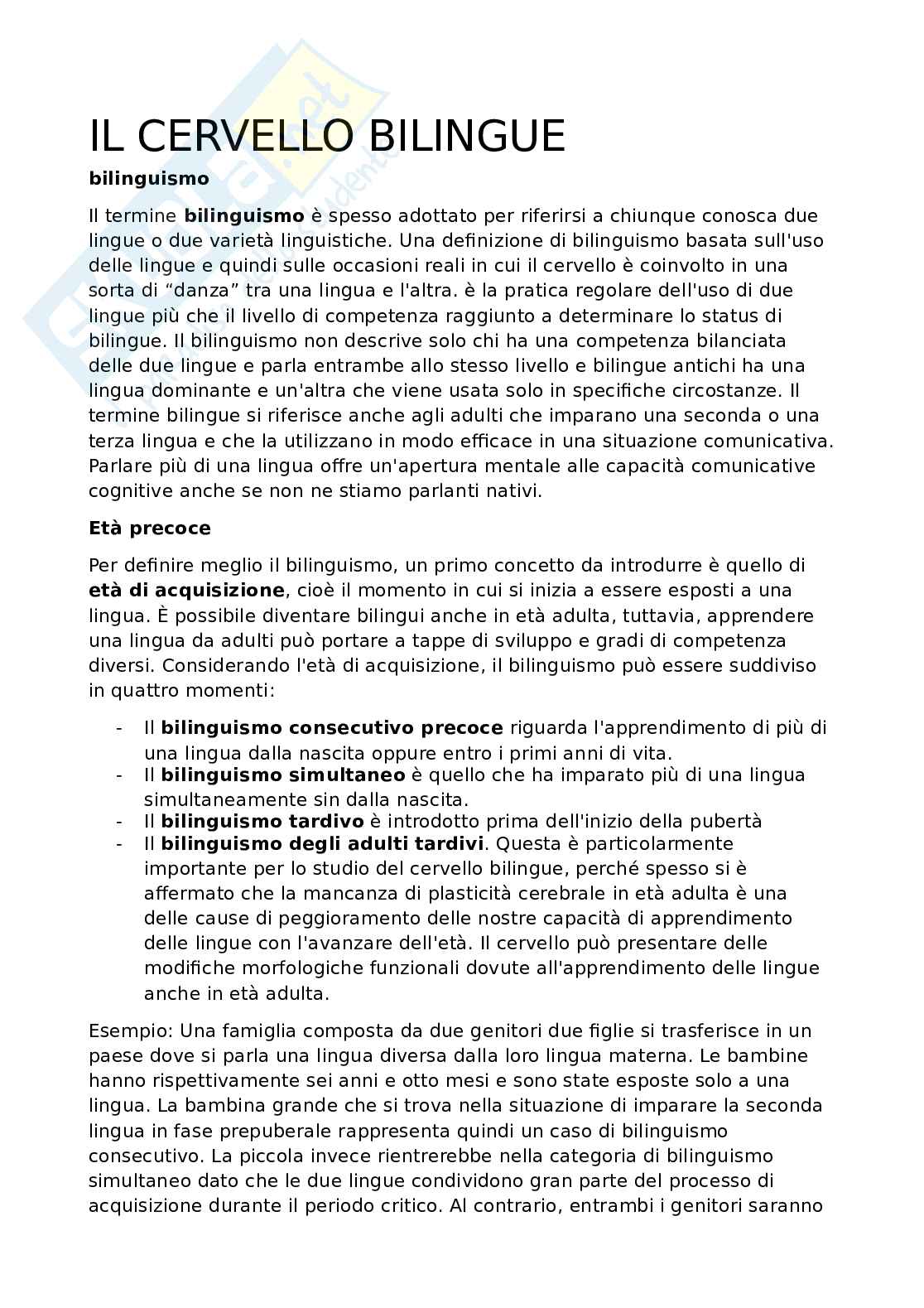 Riassunto esame Processi cognitivi, Prof. De Iaco Moira, libro consigliato Il cervello bilingue, Antonella Sorace, Maria Garraffa e Maria Vender Pag. 1