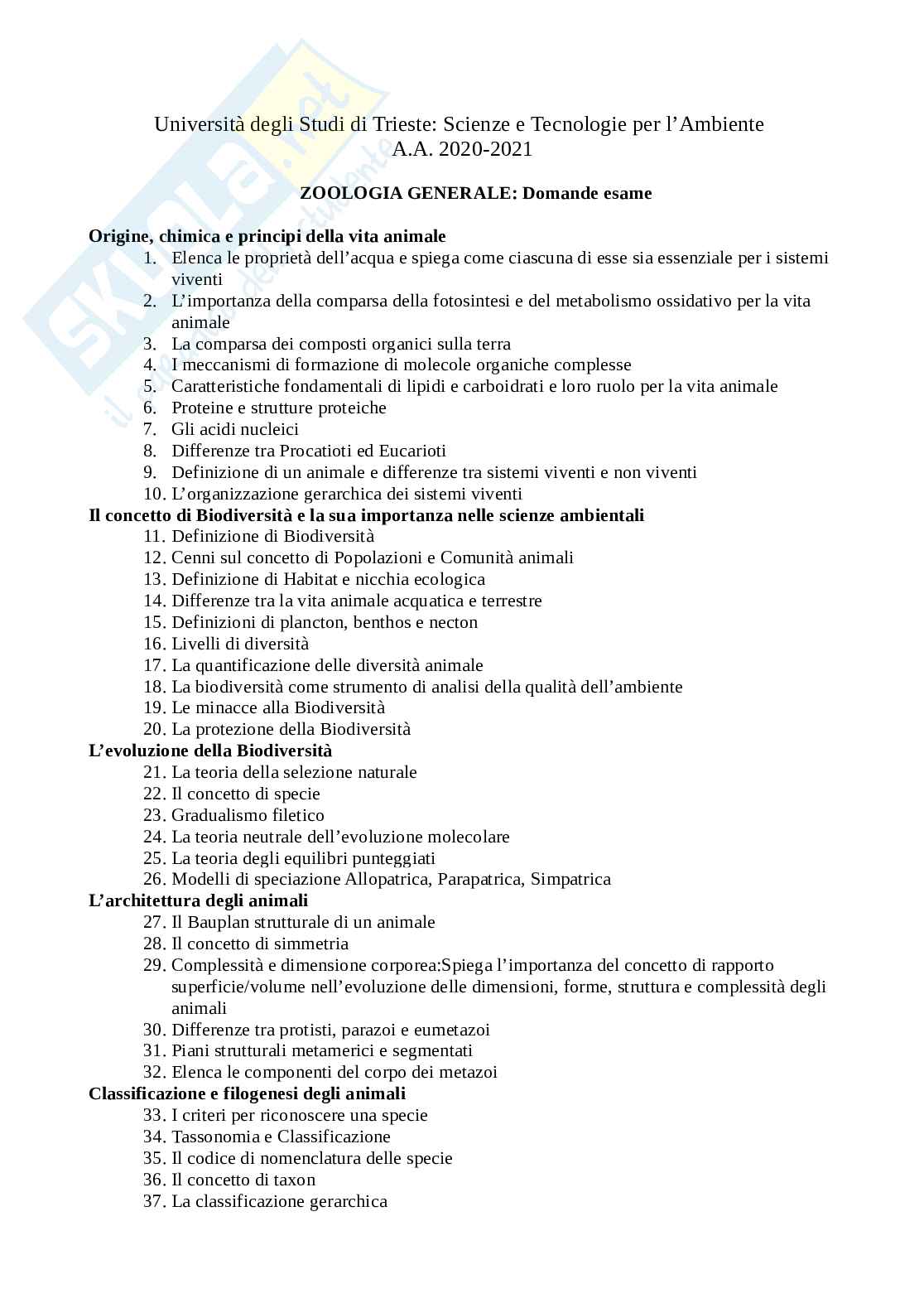 Domande di Zoologia generale