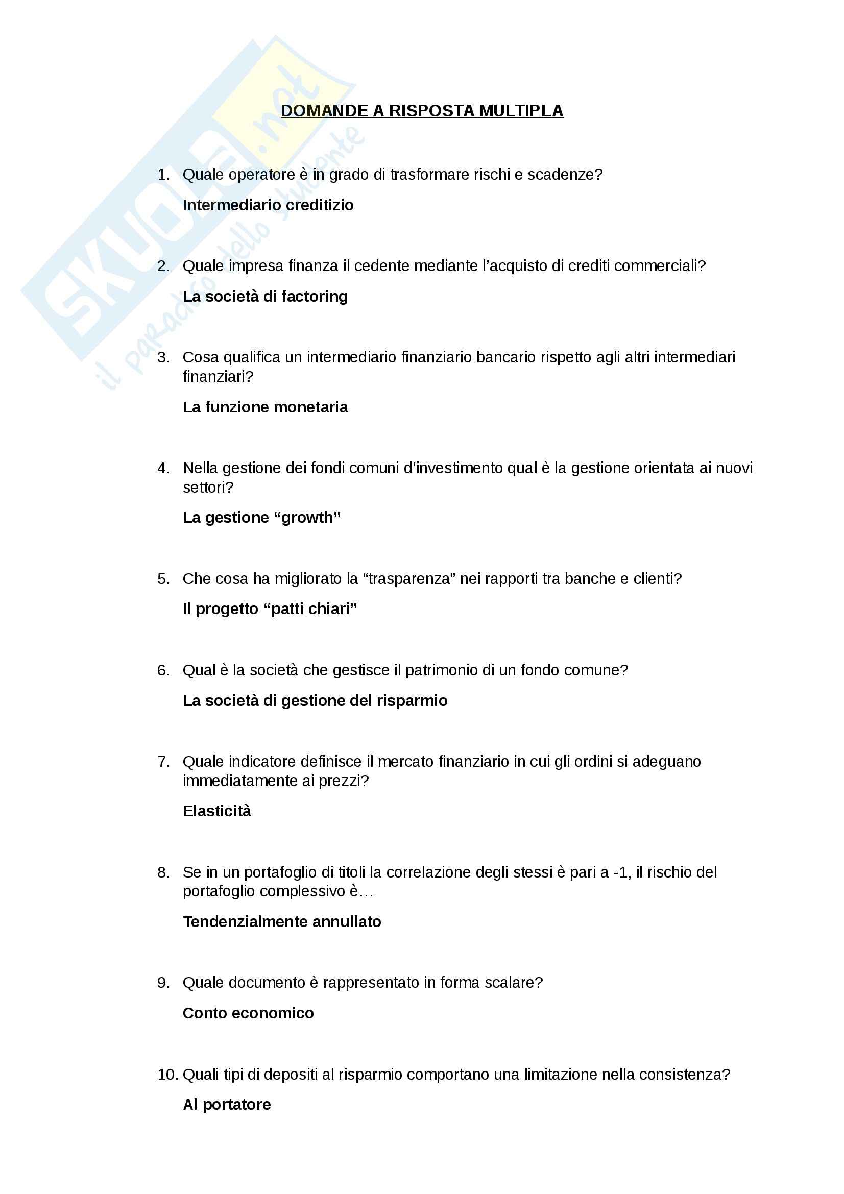 Domande,  Economia e gestione delle imprese bancarie Pag. 1