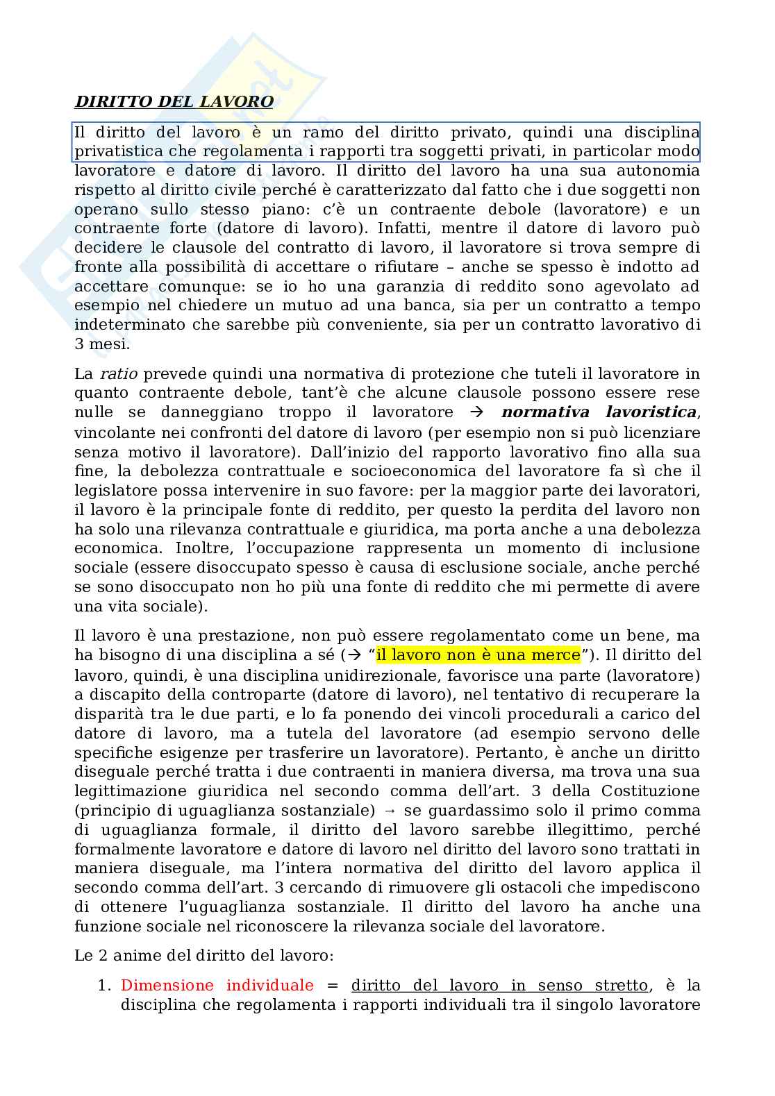 Appunti lezione di Diritto del lavoro Pag. 1