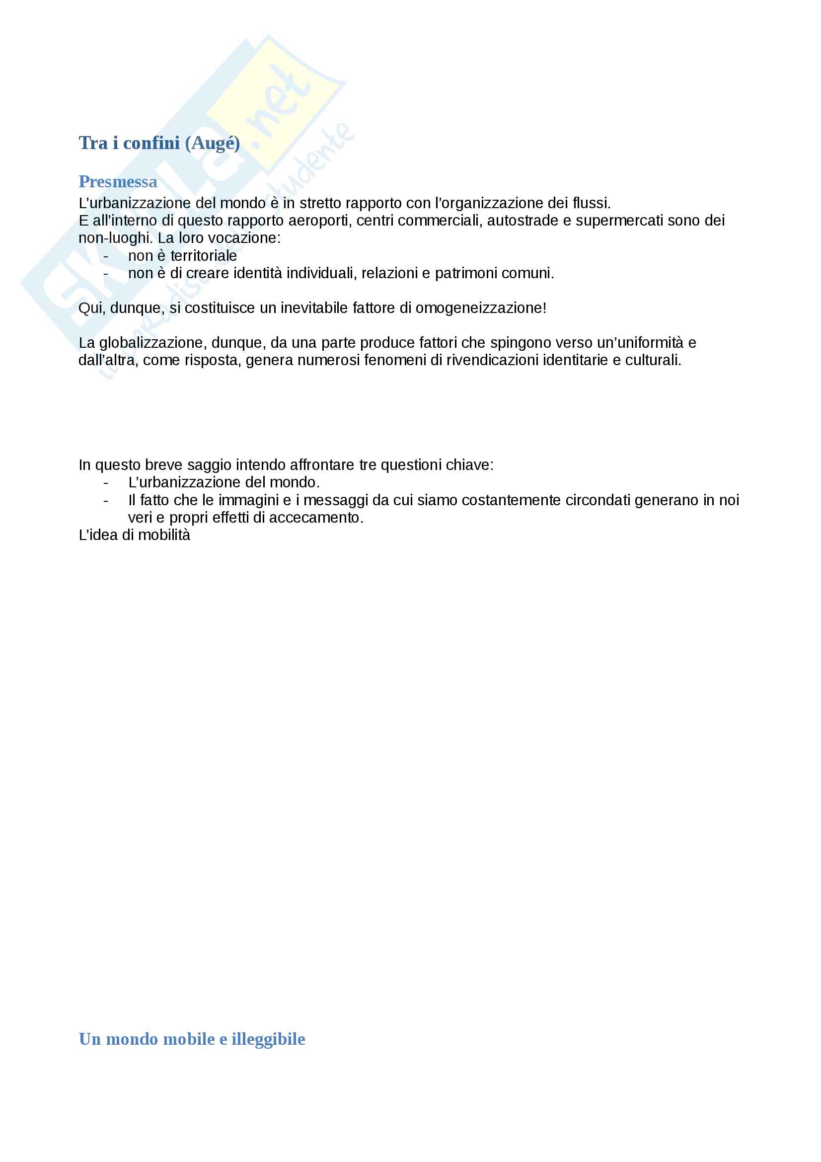 Riassunto esame Geografia antropica, docente Fulvio Adobati, libro consigliato Tra i confini. Città luoghi integrazioni, autore Augé Marc Pag. 1