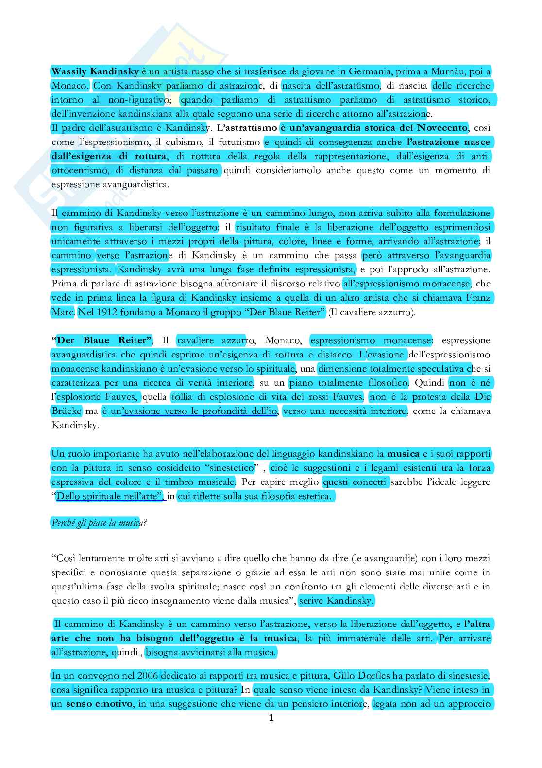 Appunti di Arte contemporanea su Kandinsky Pag. 1