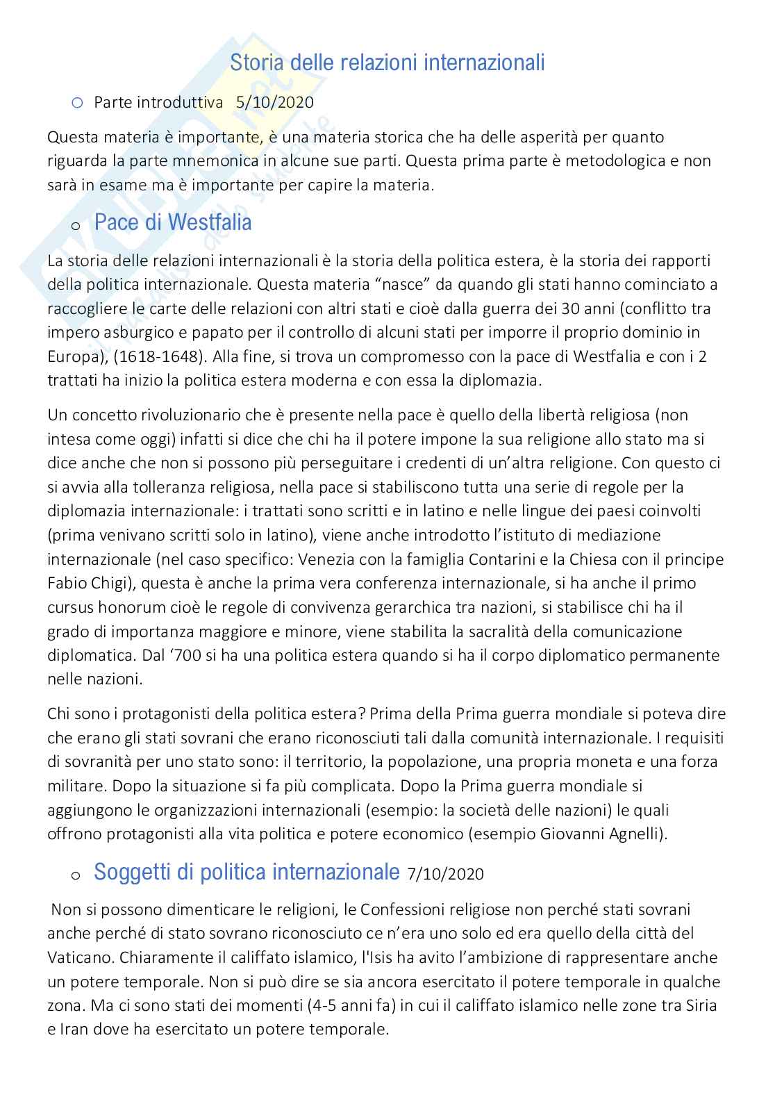 Storia delle relazioni internazionali Pag. 1