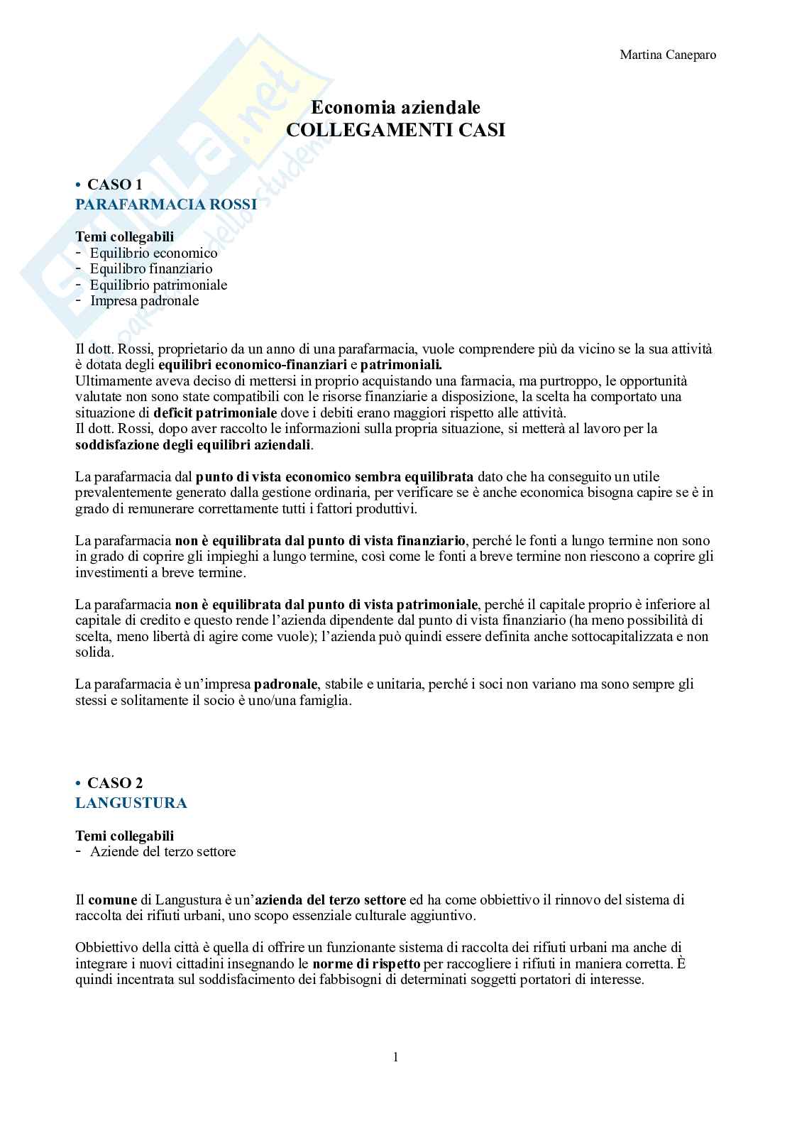 Economia aziendale – Parte 2 – Collegamenti dei 5 casi + Caso Langustura svolto con schema casi Pag. 1