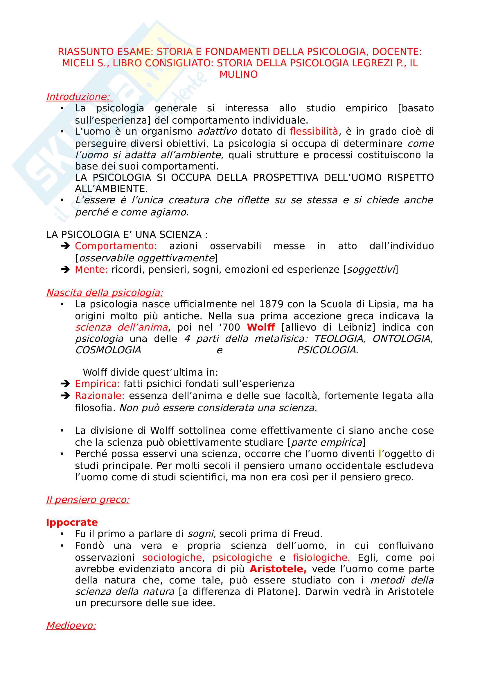 Riassunto esame storia della psicologia, prof Miceli, libro consigliato Storia della Psicologia, Legrenzi Pag. 1
