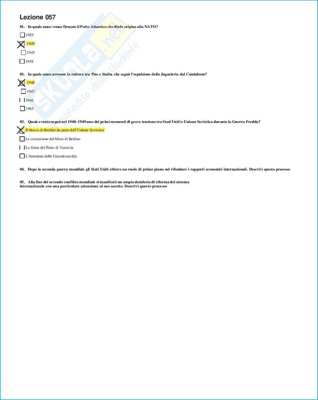 Risposte domande chiuse Storia contemporanea aggiornate 2026  Pag. 66
