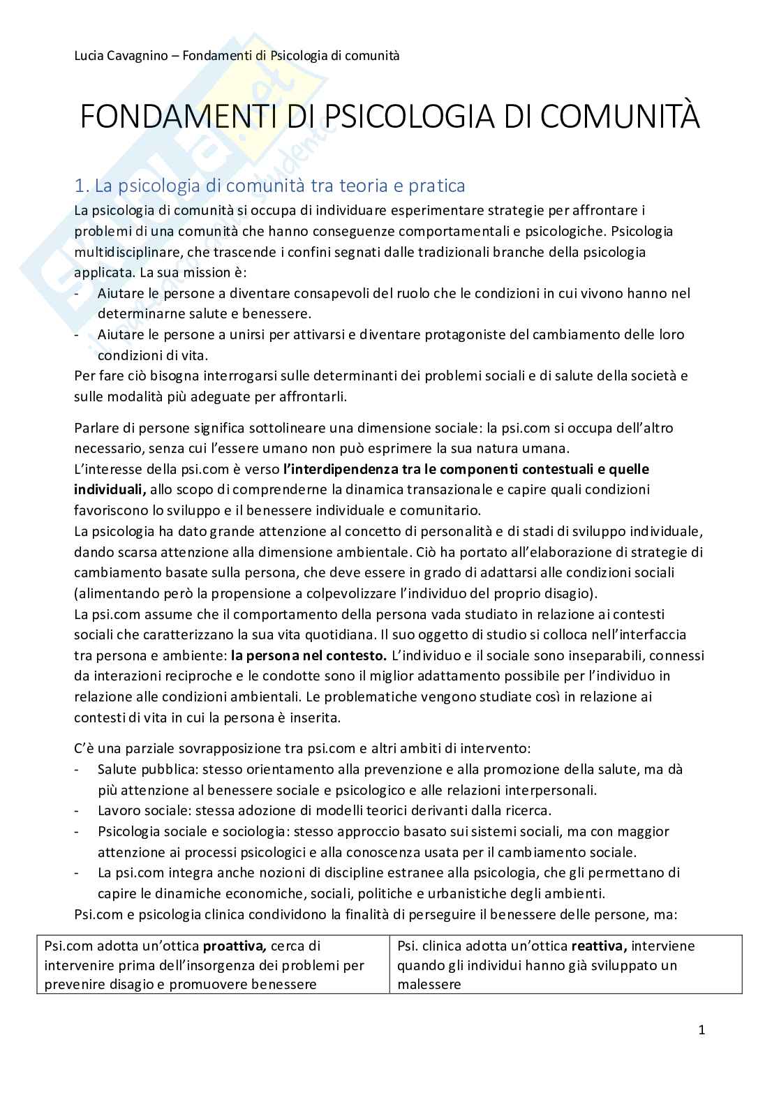 Riassunto esame Psicologia Di Comunità, prof De Piccoli, libro consigliato Fondamenti di Psicologia di Comunità, di Santinello, Vieno Pag. 1