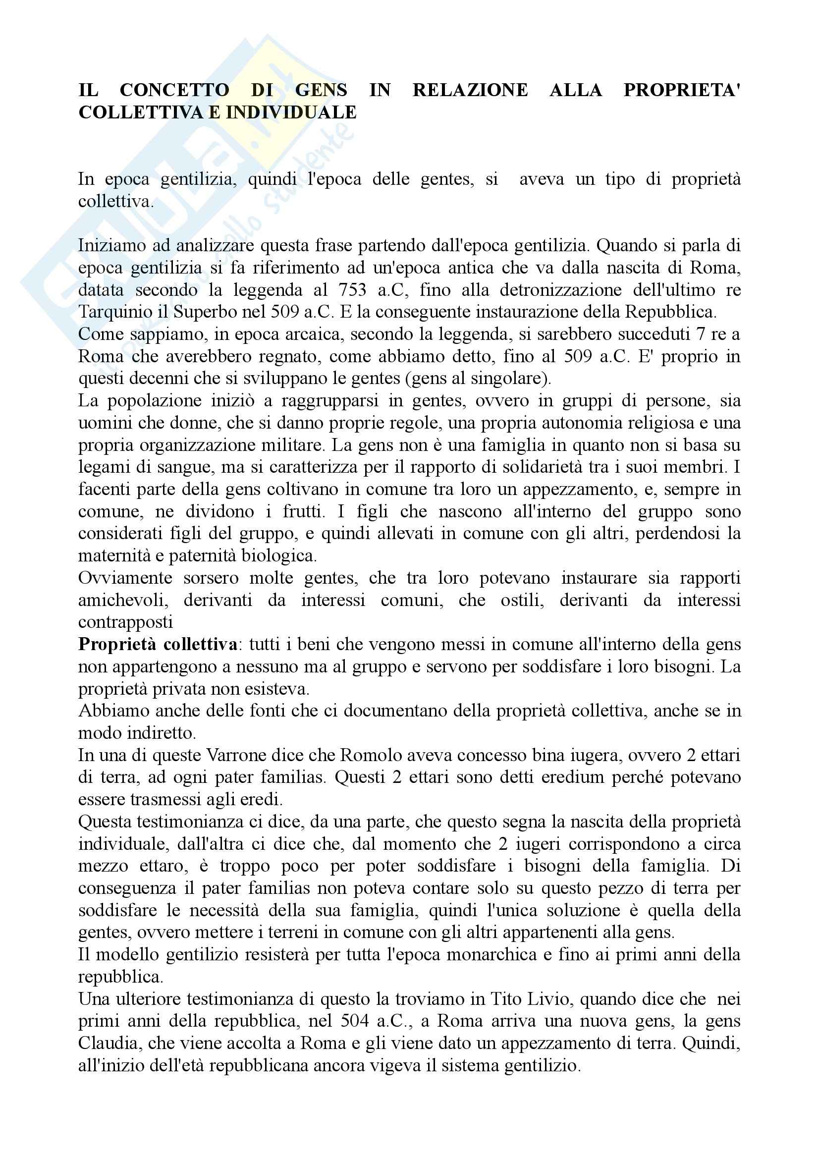 Diritto romano - la proprietà in relazione alla gens e alla famiglia Pag. 1