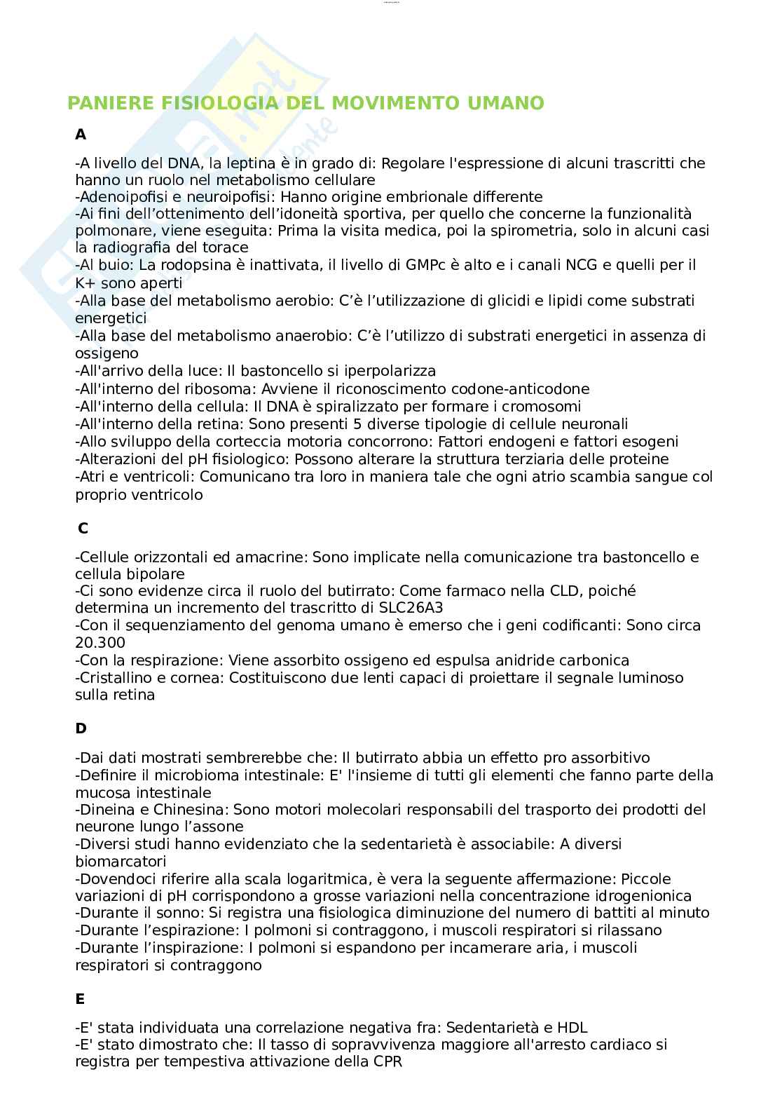 Paniere Fisiologia del movimento umano, aggiornato e completo con domande Extra. In ordine Pag. 1