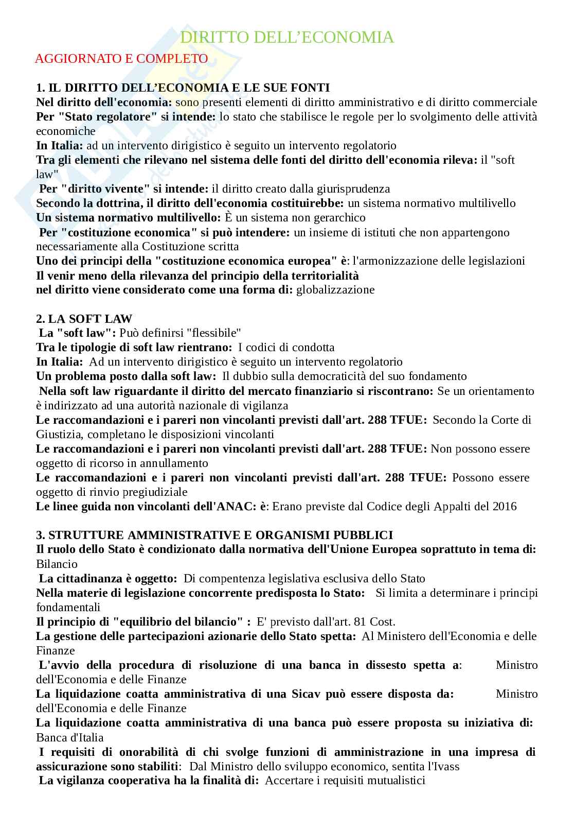 Paniere Diritto dell'economia, aggiornato e completo. In ordine. Ultima versione Pag. 1