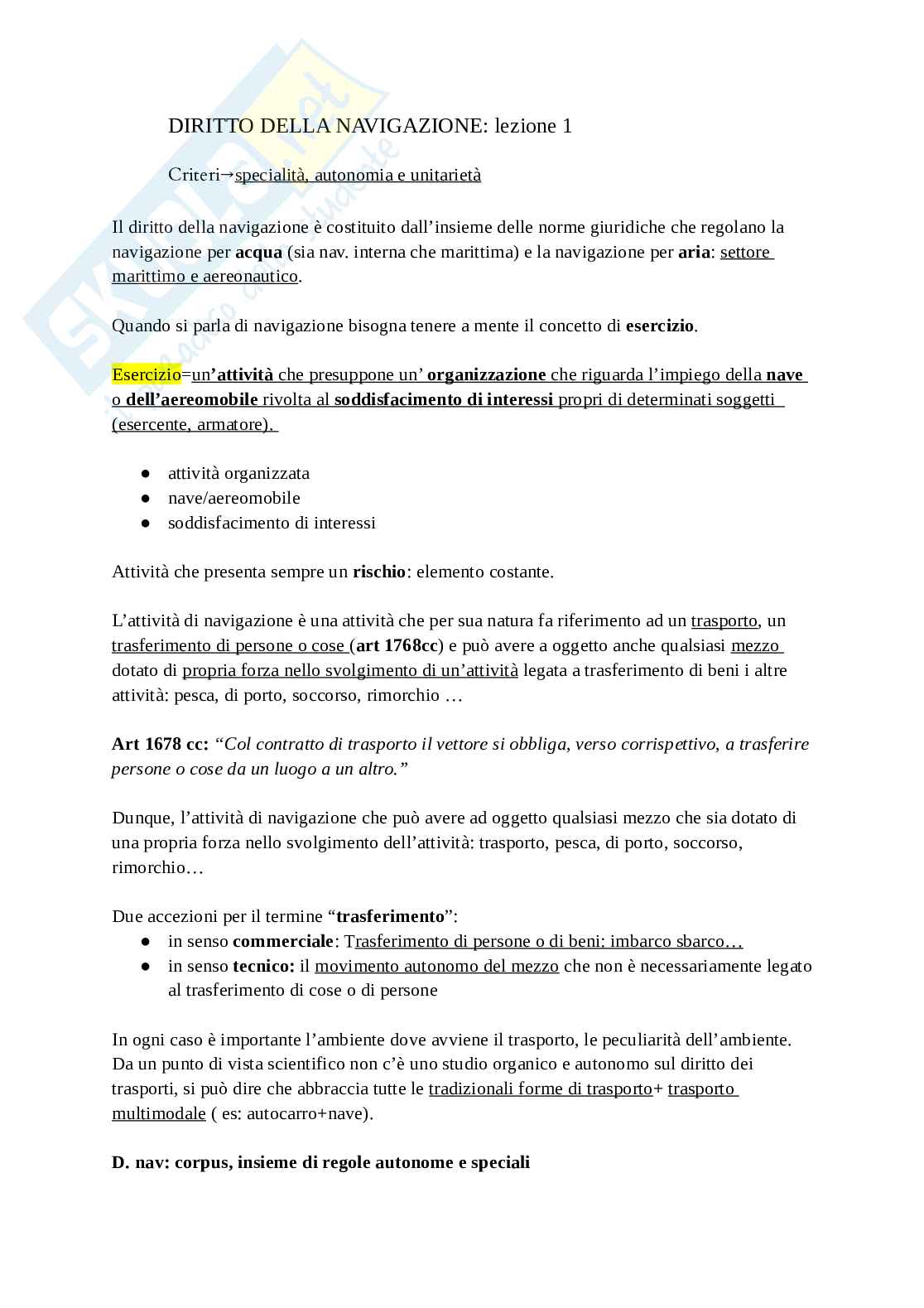 Appunti lezioni Diritto della navigazione e dei trasporti Pag. 1