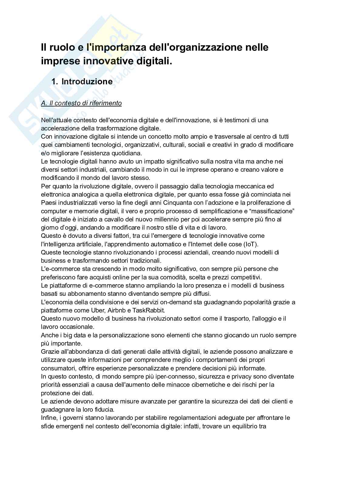 Testo prodotto per l’esame di Economia digitale e dell'innovazione: il ruolo e l’importanza dell’organizzazione nelle imprese innovative digitali Pag. 1
