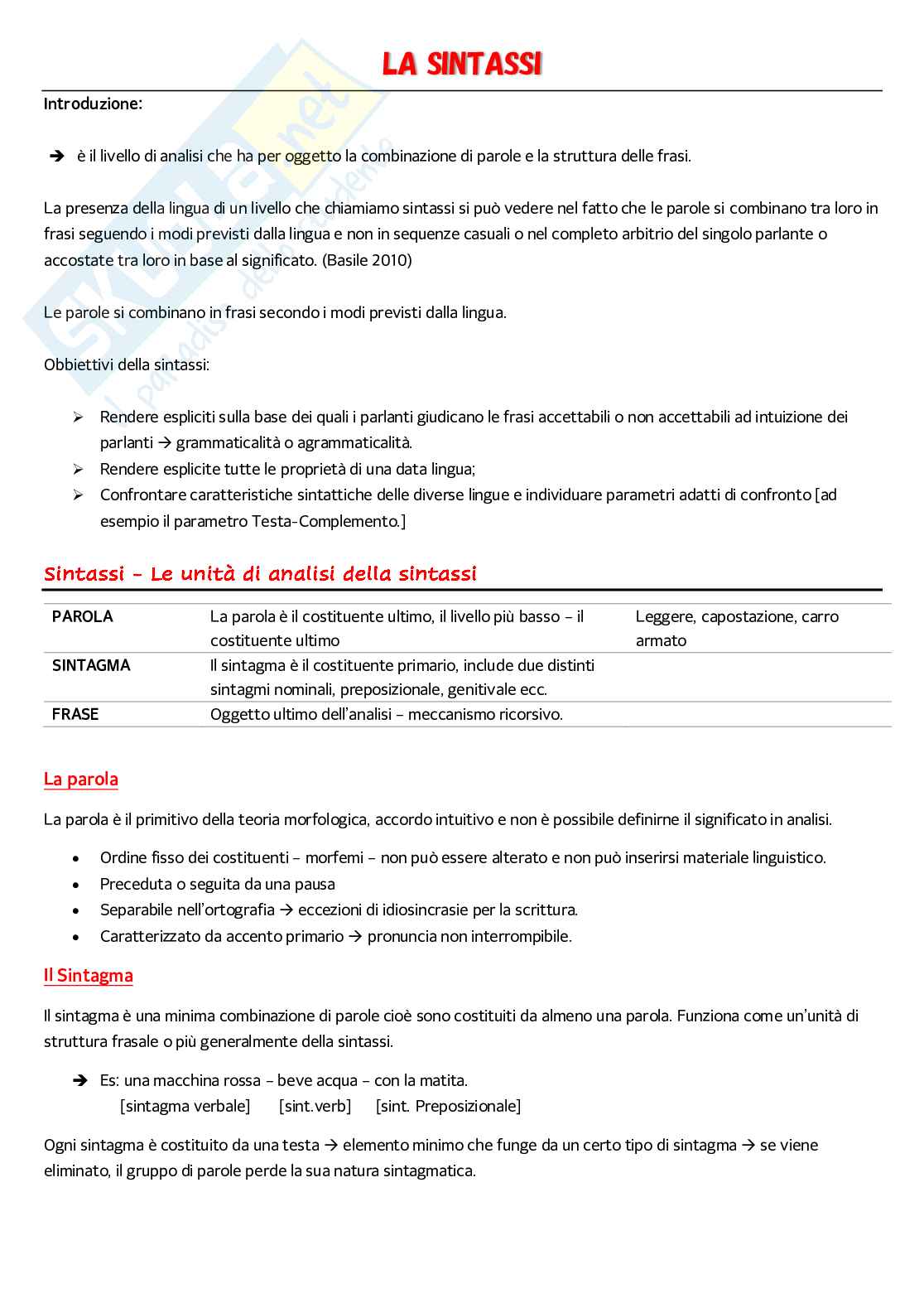 Sintassi - Appunti Linguistica Generale