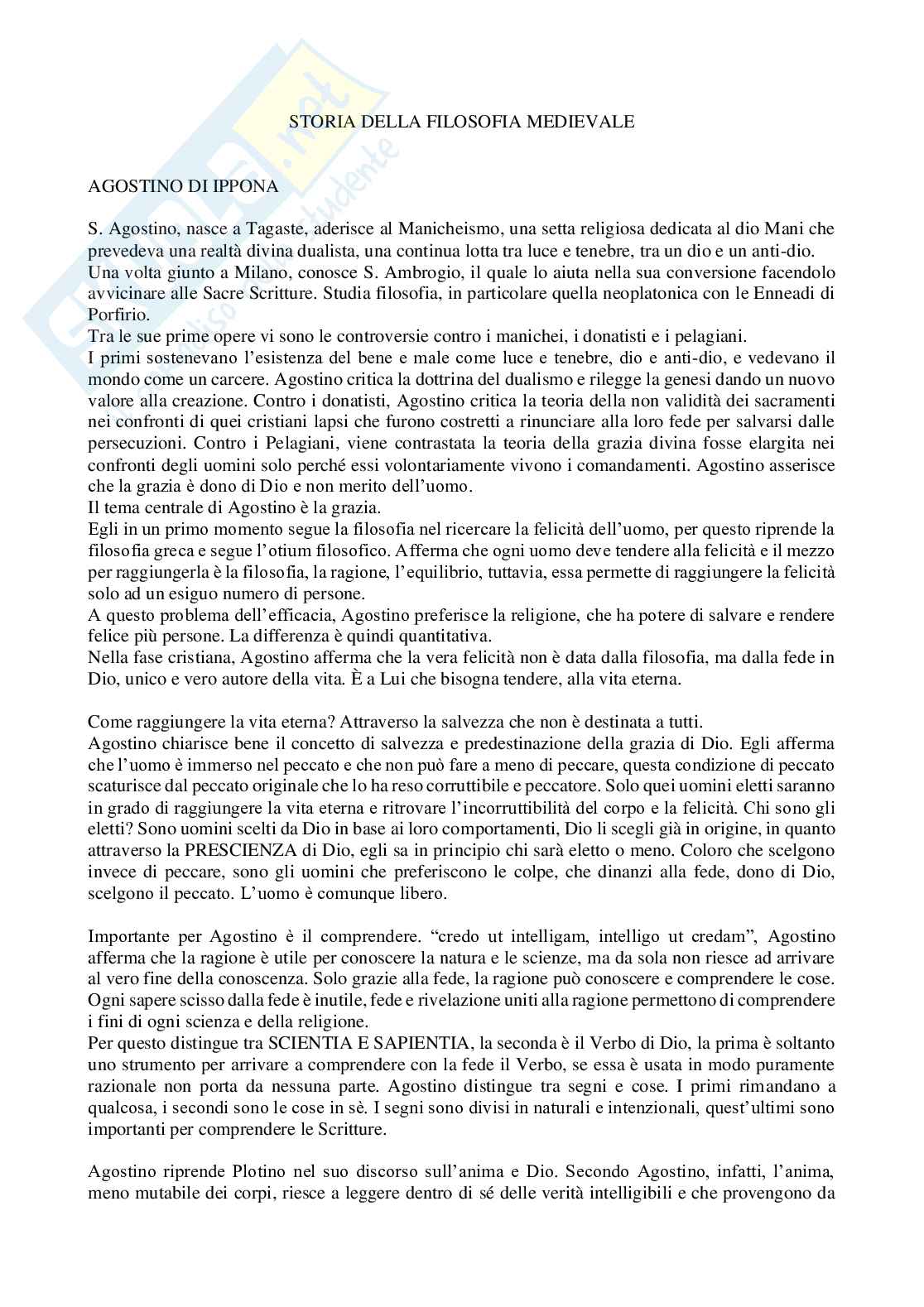 Riassunto esame Storia della filosofia medievale, Prof. Martinelli Enzo, libro consigliato I mondi della filosofia, Porro, Esposito Pag. 1