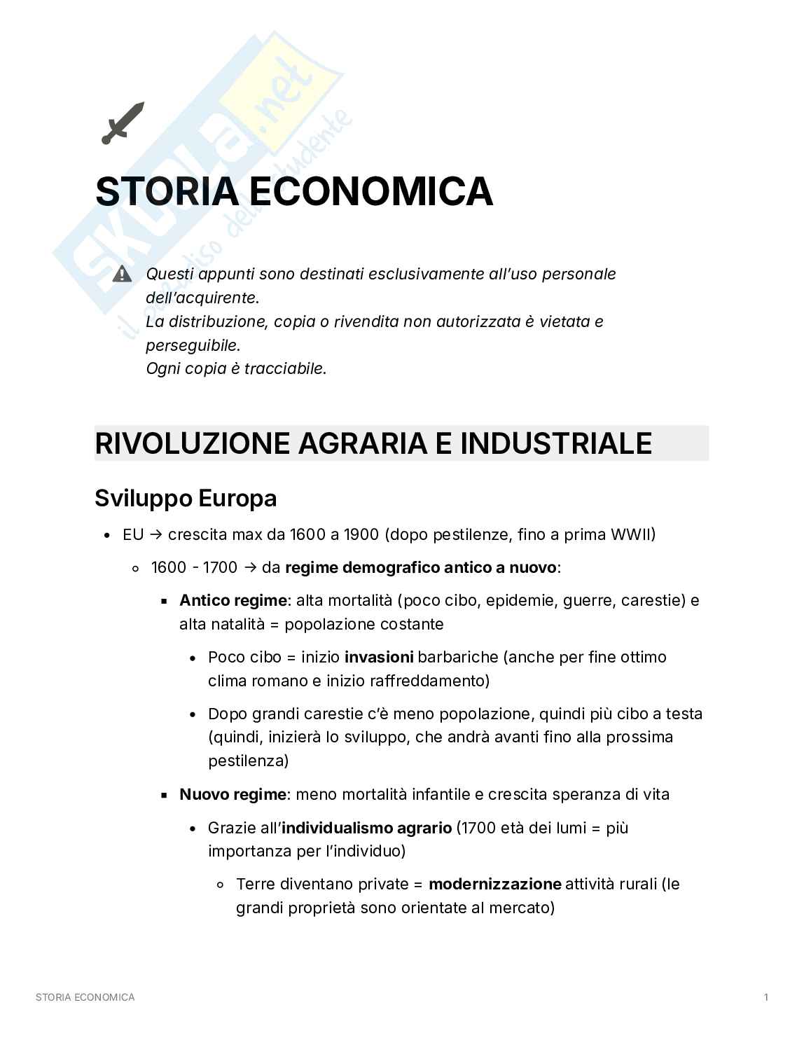 Appunti di Storia economica: dalla Rivoluzione agraria all'Unione Europea Pag. 1