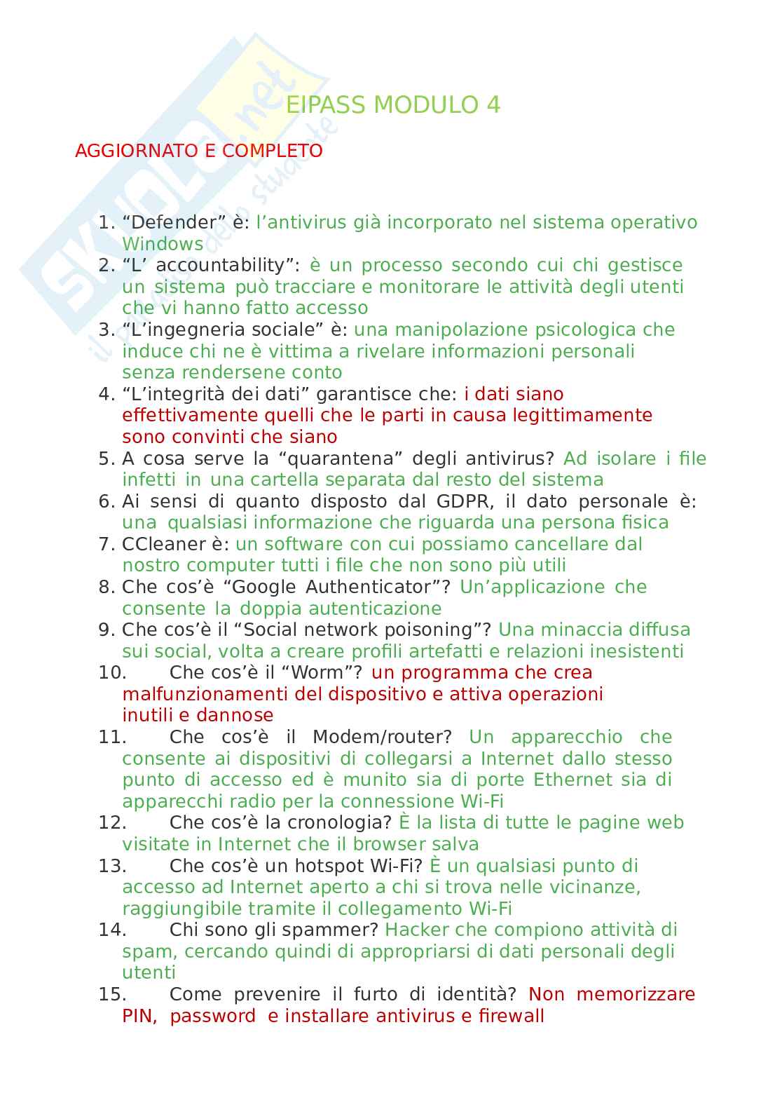   Nuova versione Eipass - Modulo 4: Sicurezza informatica e protezione dati. Aggiornato e completo  Pag. 1