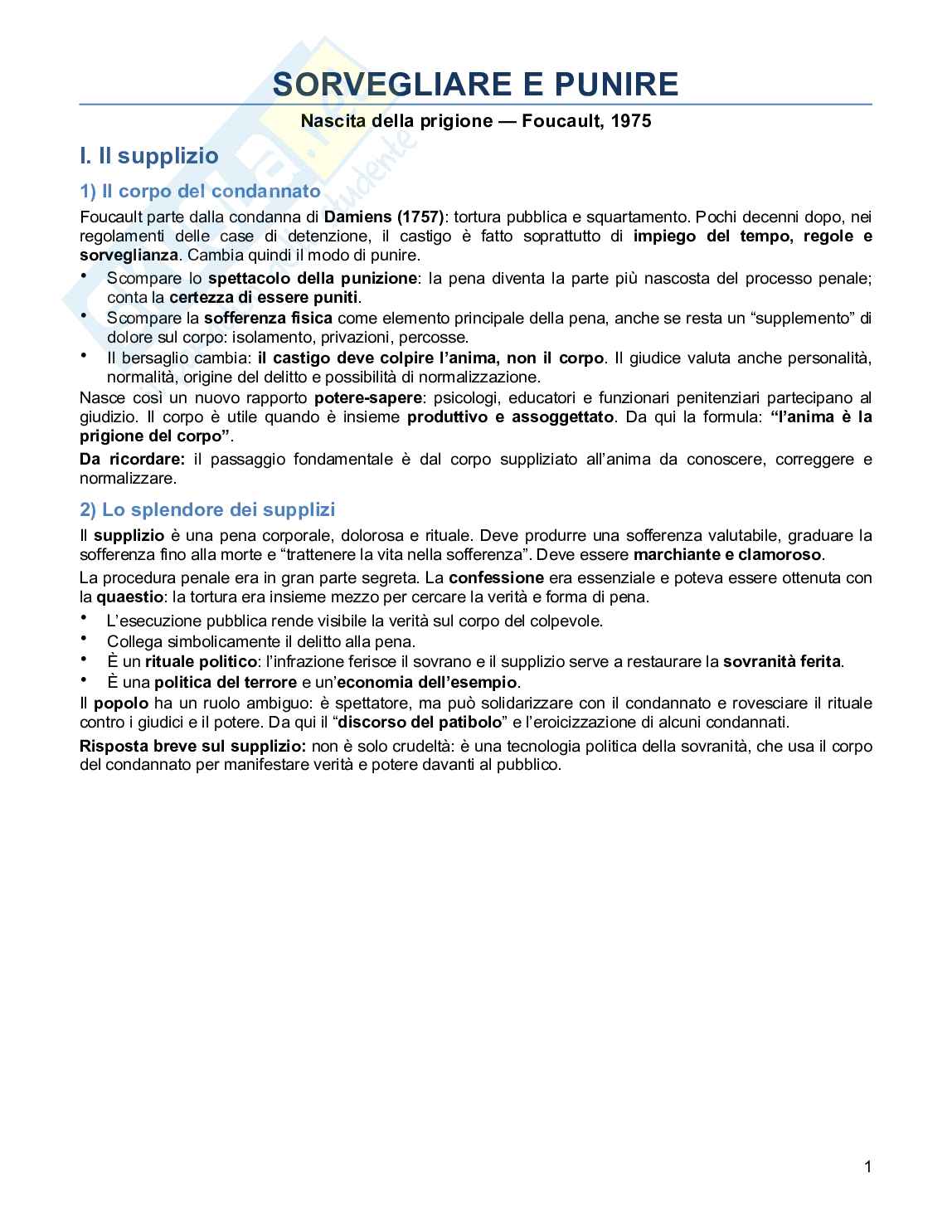 Riassunto esame Filosofia del Diritto, Prof. Re Lucia, libro consigliato Sorvegliare e punire, Foucault  Pag. 1