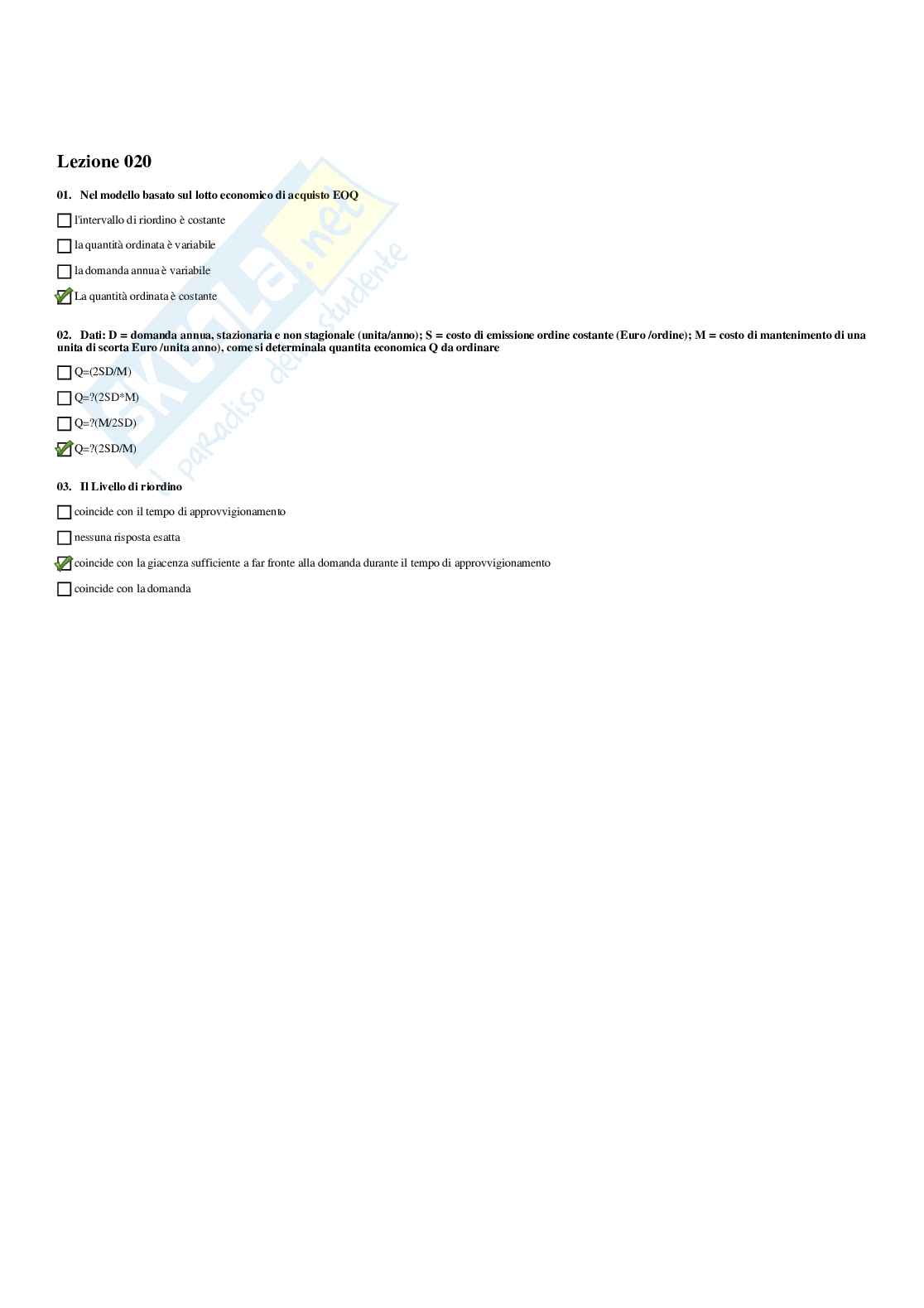 Paniere di Gestione logistica della produzione - Risposte multiple Pag. 21