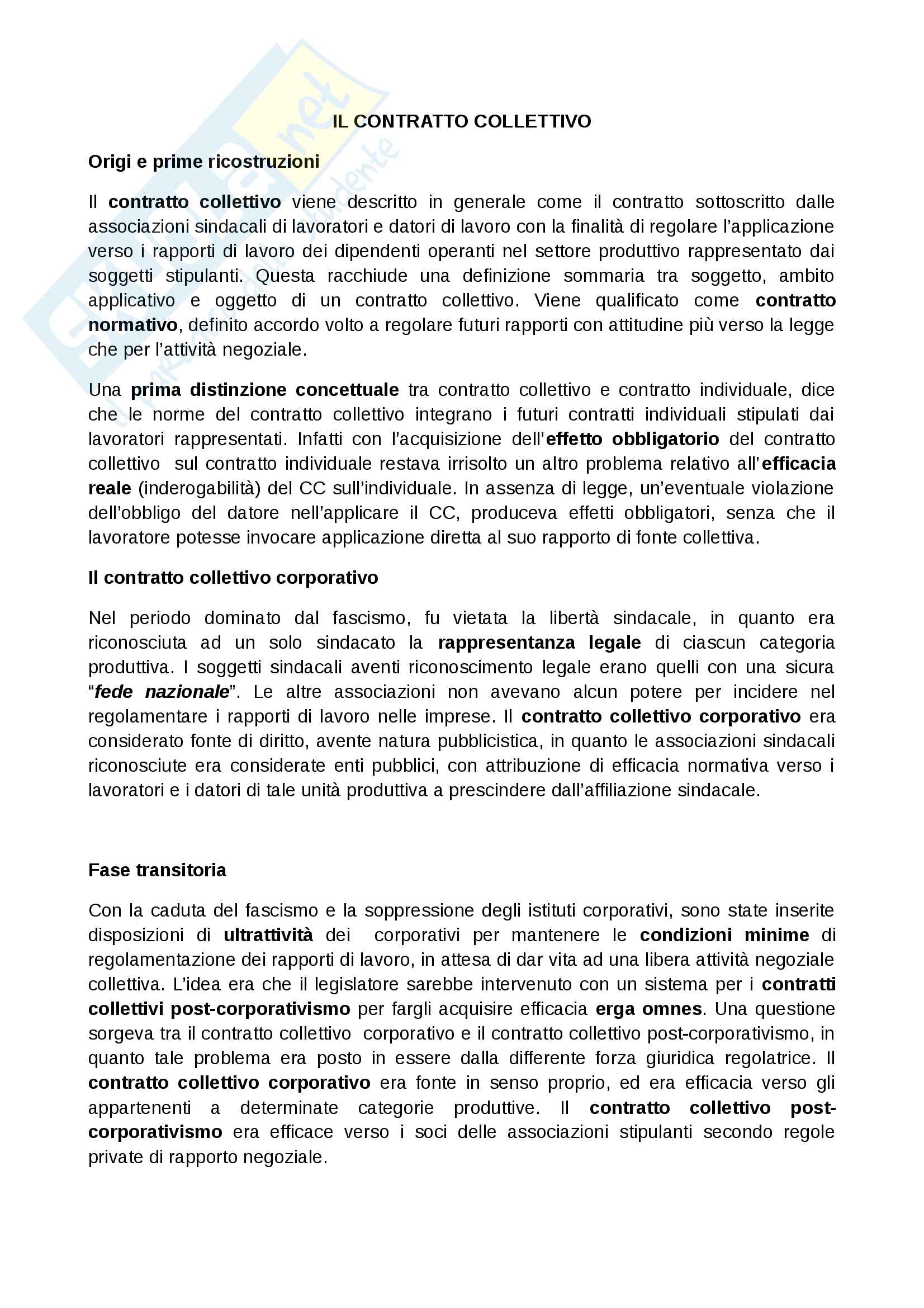 Riassunti sull'argomento del contratto collettivo, nozioni di contratto collettivo nazionale e differenze con il contratto individuale Pag. 1