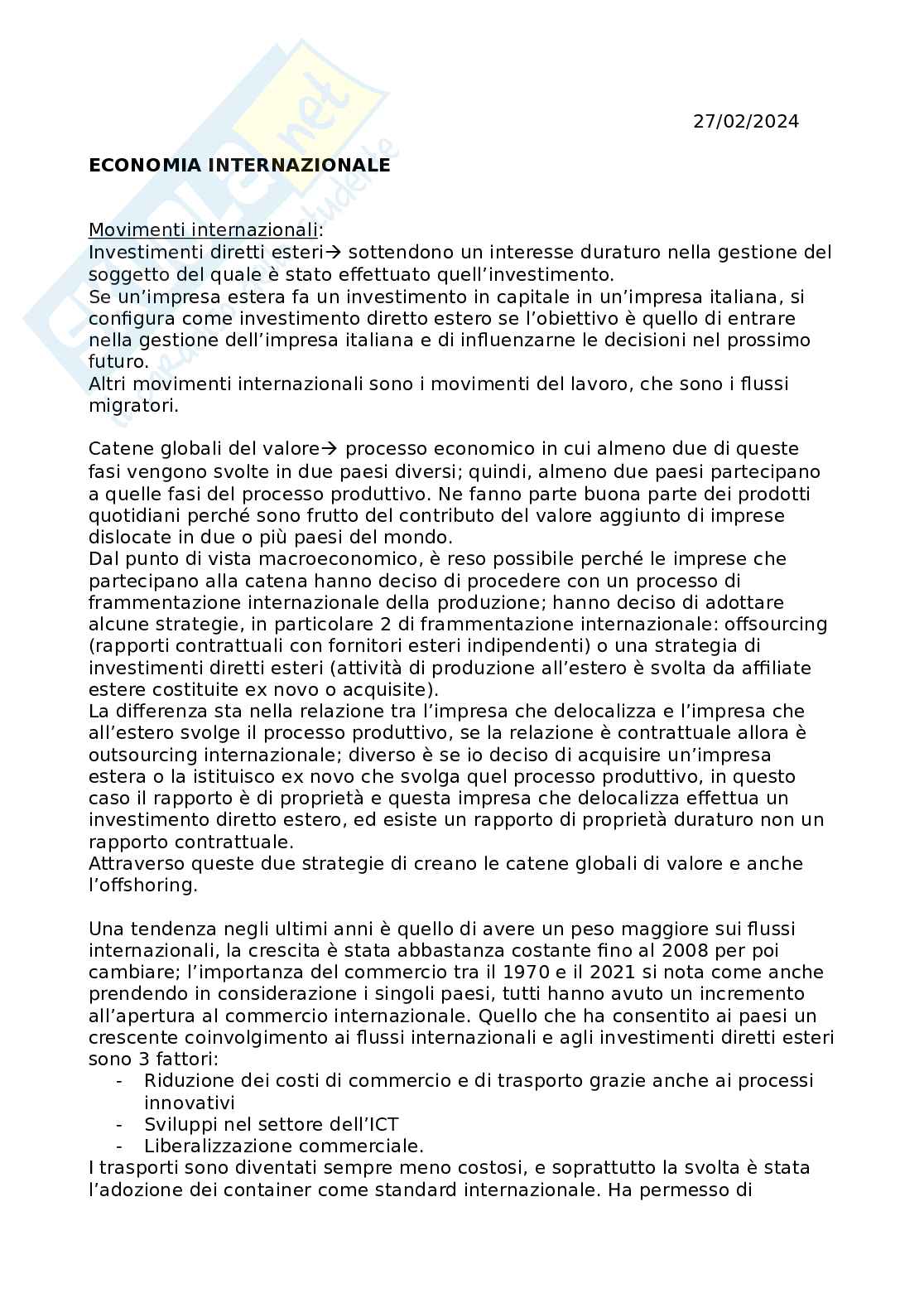 Appunti presi a lezione corso Economia internazionale Pag. 1