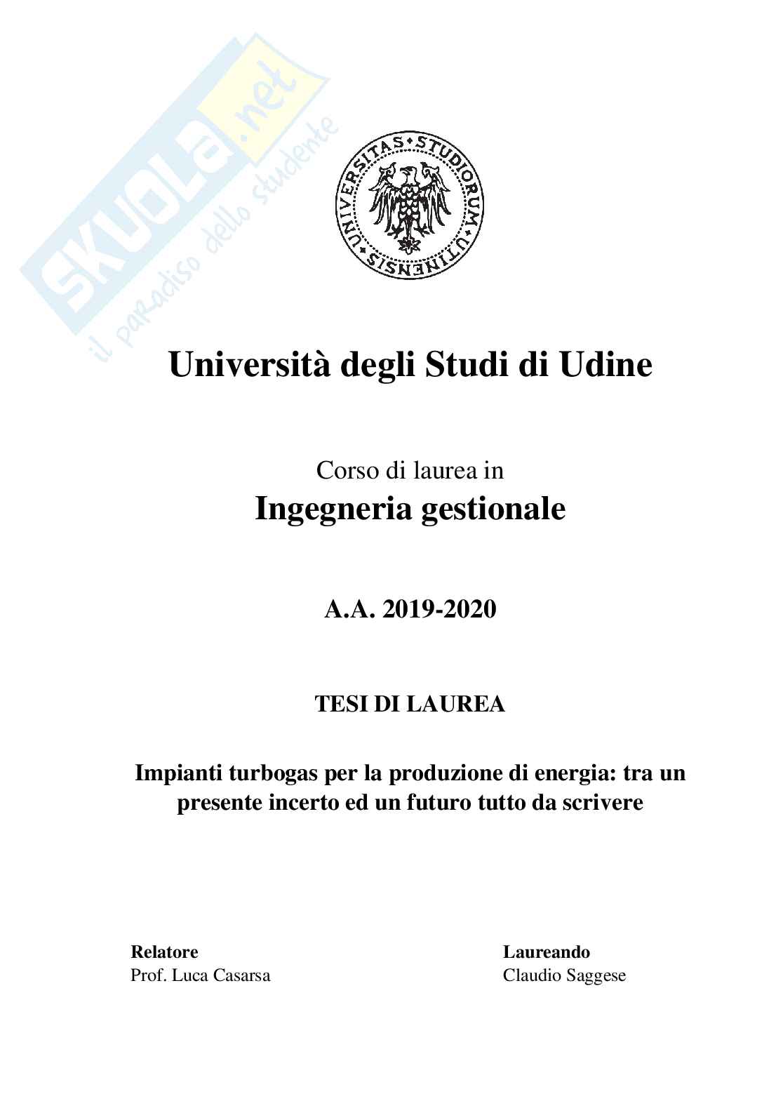 Impianti turbogas per la produzione di energia Pag. 1